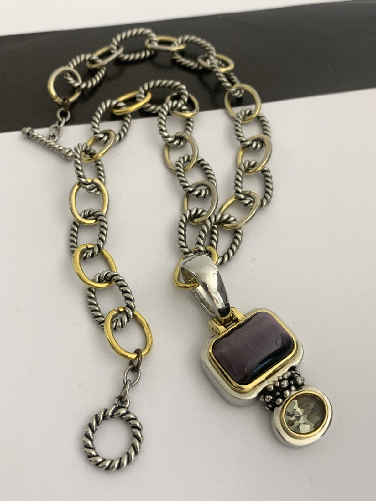 Vintage Silver and Gold Tone Cable Chunky Chain Necklace w/ Purple Stone Pendant