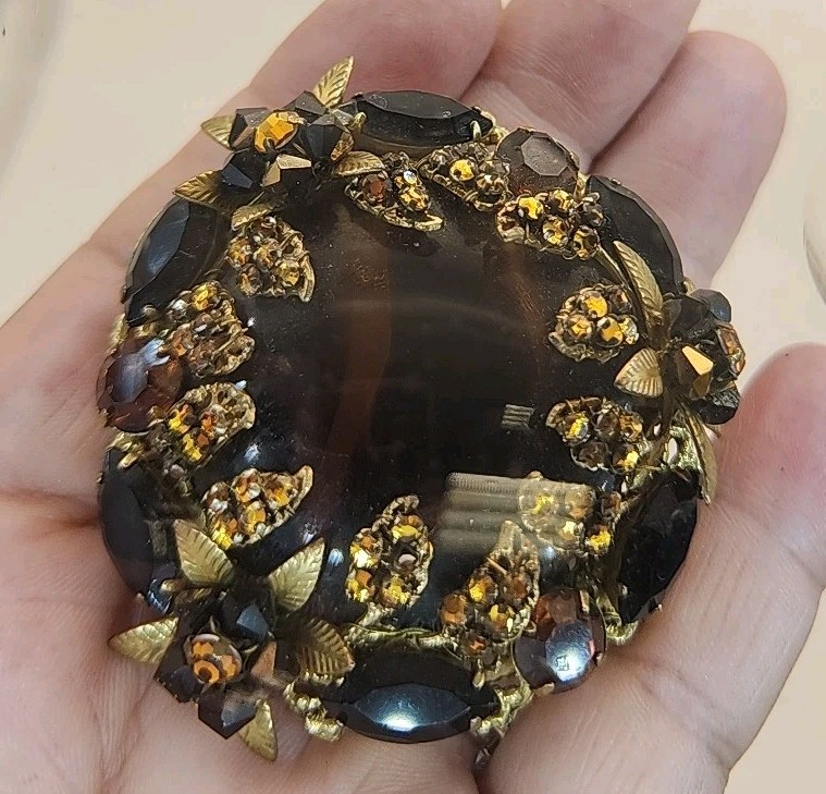 VTG Original By Robert Rare Huge Amber & Black Rhinestone Glass Brooch 2.5″