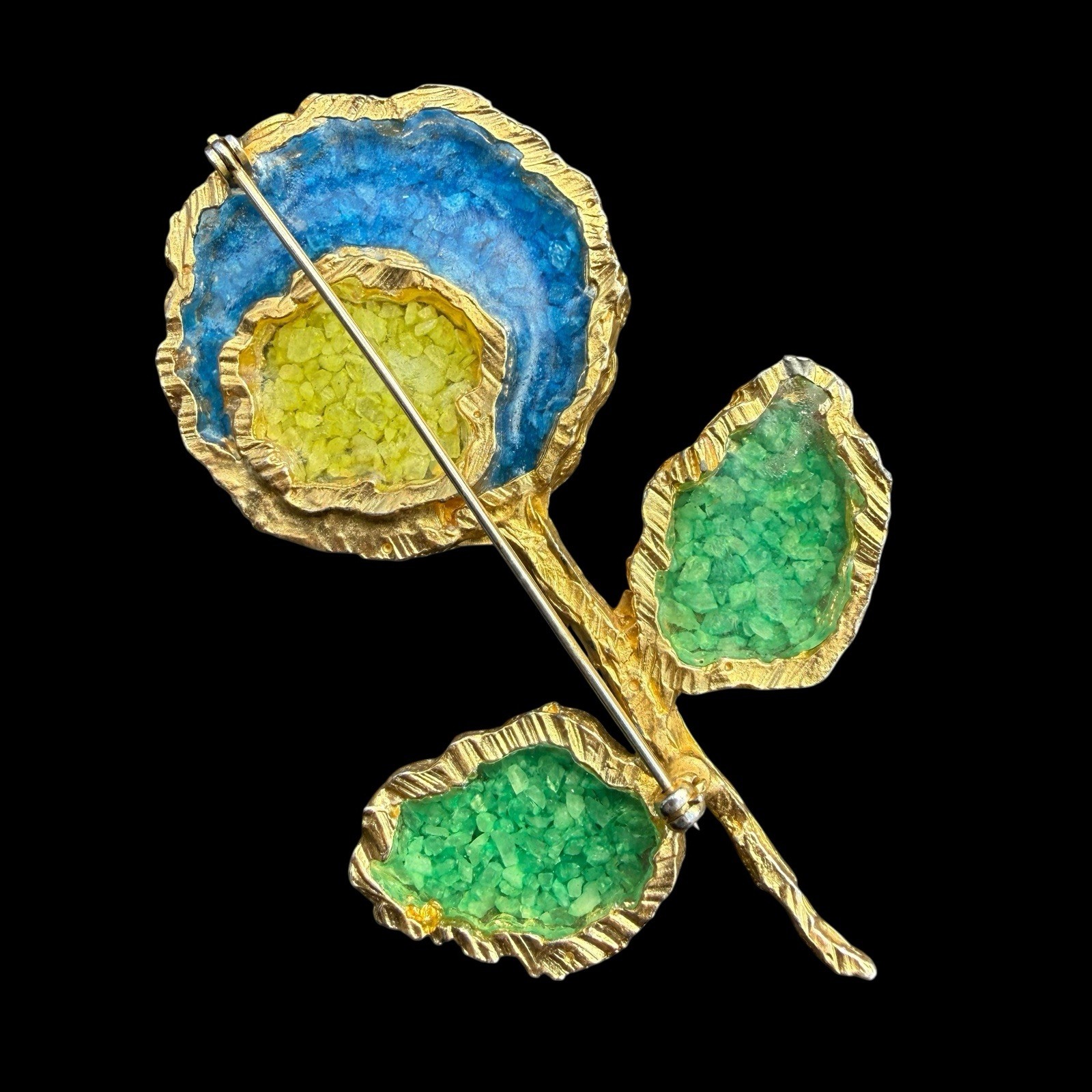 JOY Brooch Brutalist Resin PLIQUE A JOUR Sun Moon Flower Les Bernard Blue Yellow