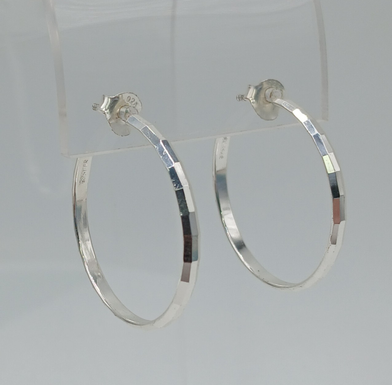 VTG FAS 925 Faceted Hoop Earrings 1.25in Sterling Silver 3g Classic Polished