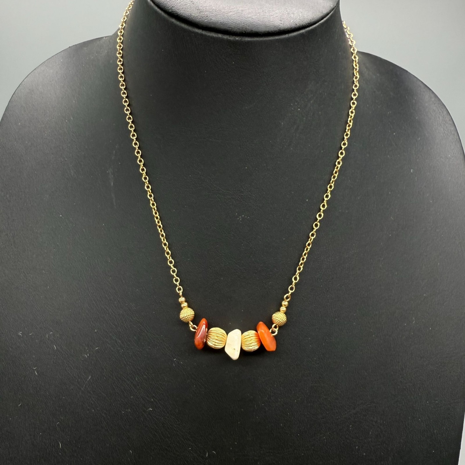 VTG Avon Necklace Beaded Gold Tone Orange Cream Signed 18.5 Inches