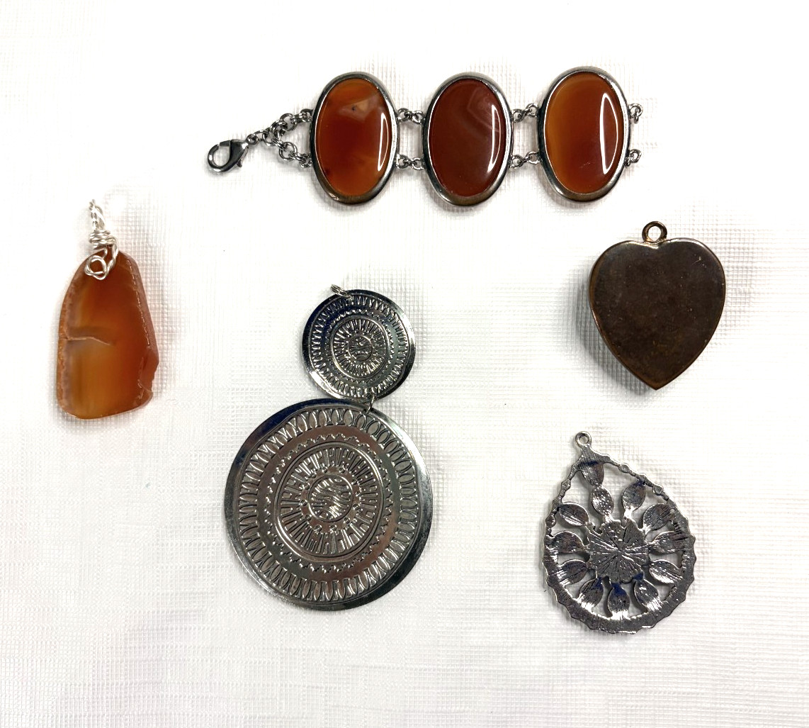 Costume Jewelry Lot Of 4 Necklace Pendants Metal Resin Partial Bracelet