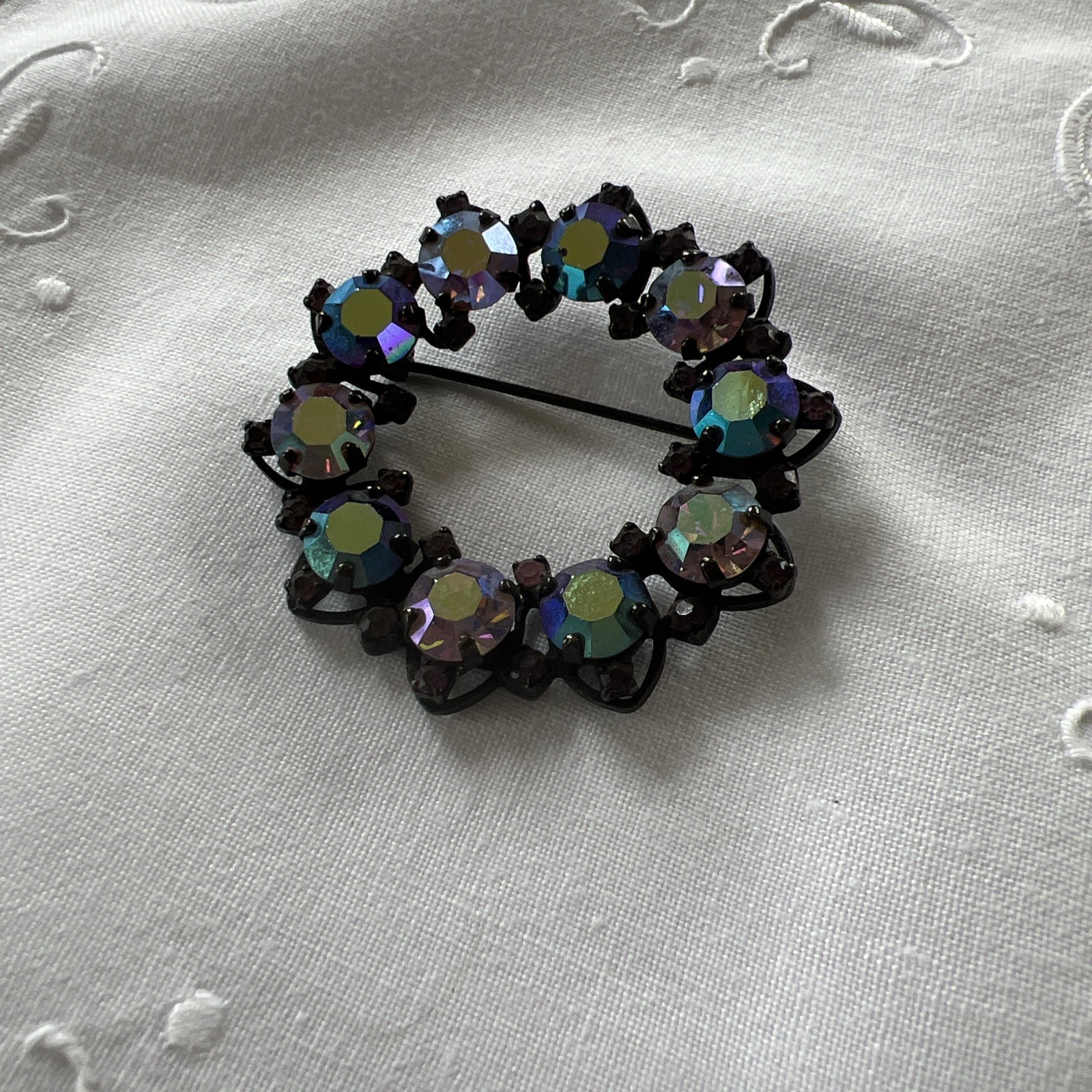 Vintage Joseph Warner Signed Pinks & Purples AB Rhinestone Brooch 2” Rd
