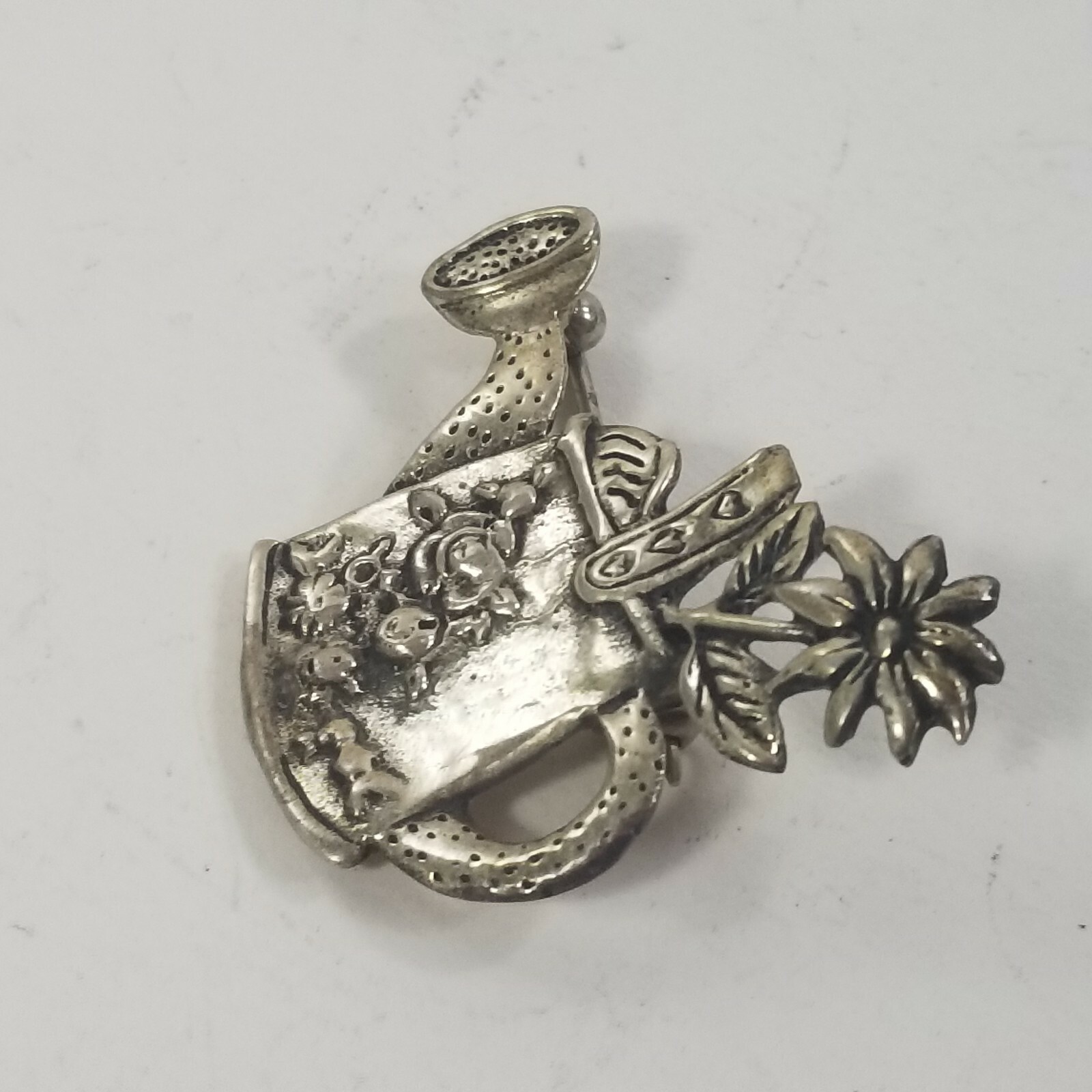 Gardeners Water Pitcher Pail Bucket Spout Brooch Pin flowers pitcher signed