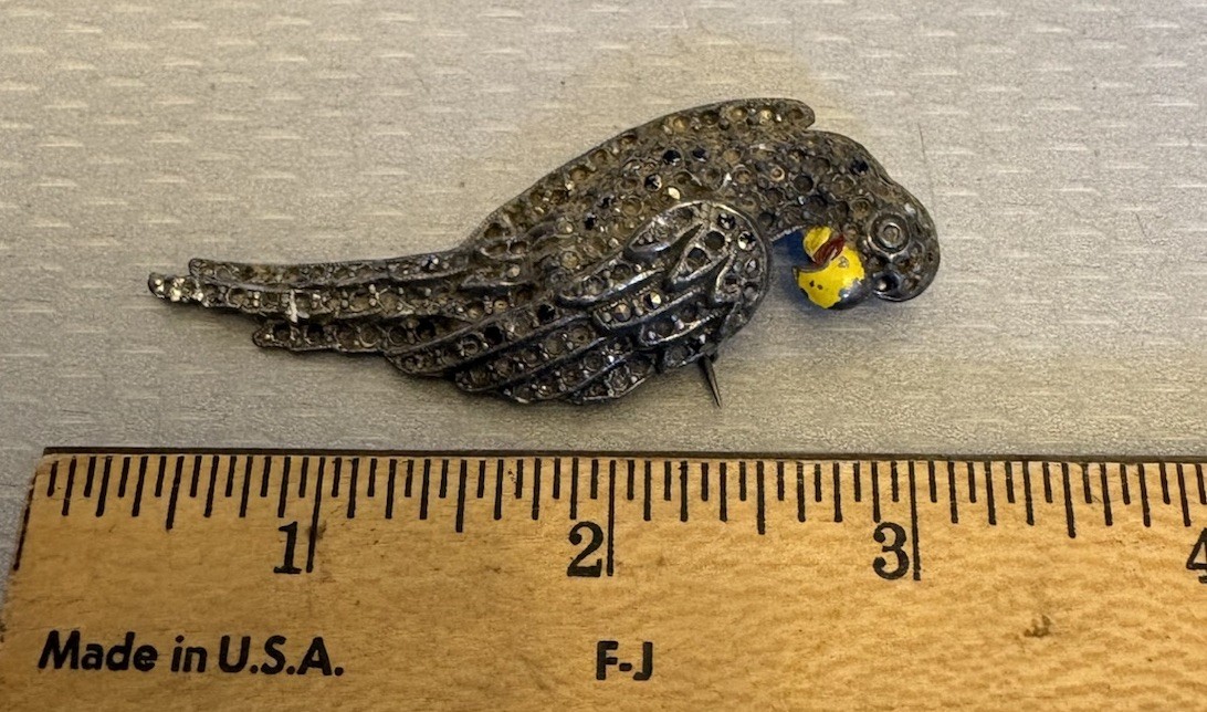 Old Vintage Pot Metal Parrot Bird Brooch Enamel Beak 3″ READ