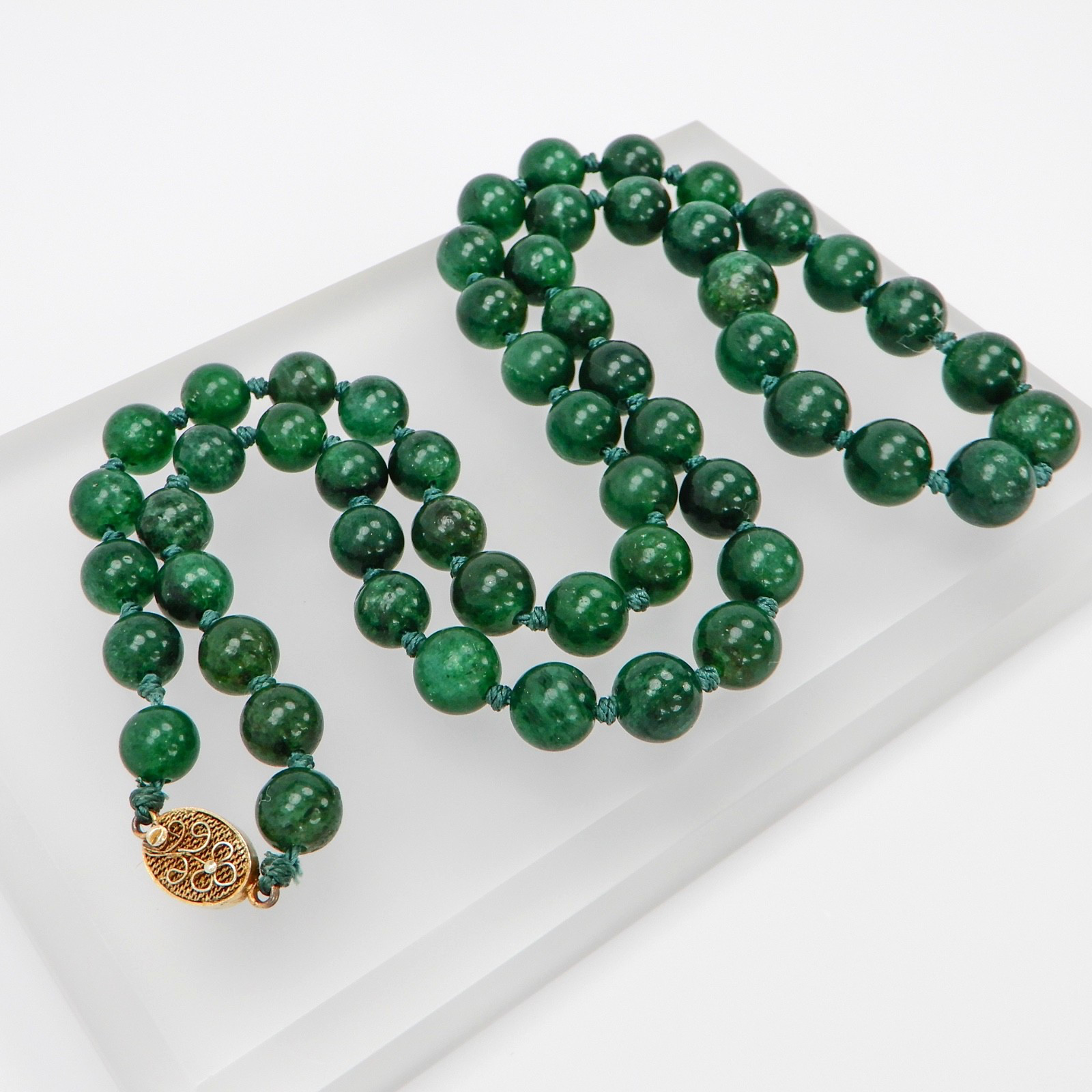 Vintage Green Jade Knotted Graduated Bead Necklace 26” 925 Silver Filigree Clasp