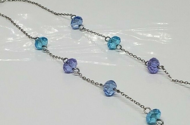 Vintage Beaded Purple Blue Necklace Rhinestone Silver Tone 18″ Adj