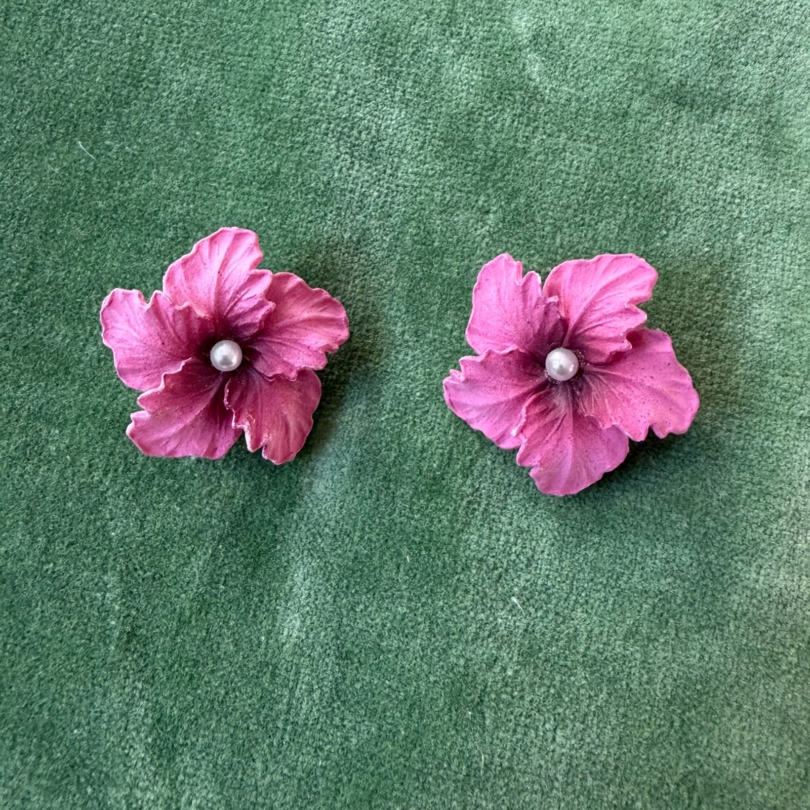 Vintage Celluloid EARRINGS Gesch West Germany Hibiscus Pink Clip On Faux Pearl
