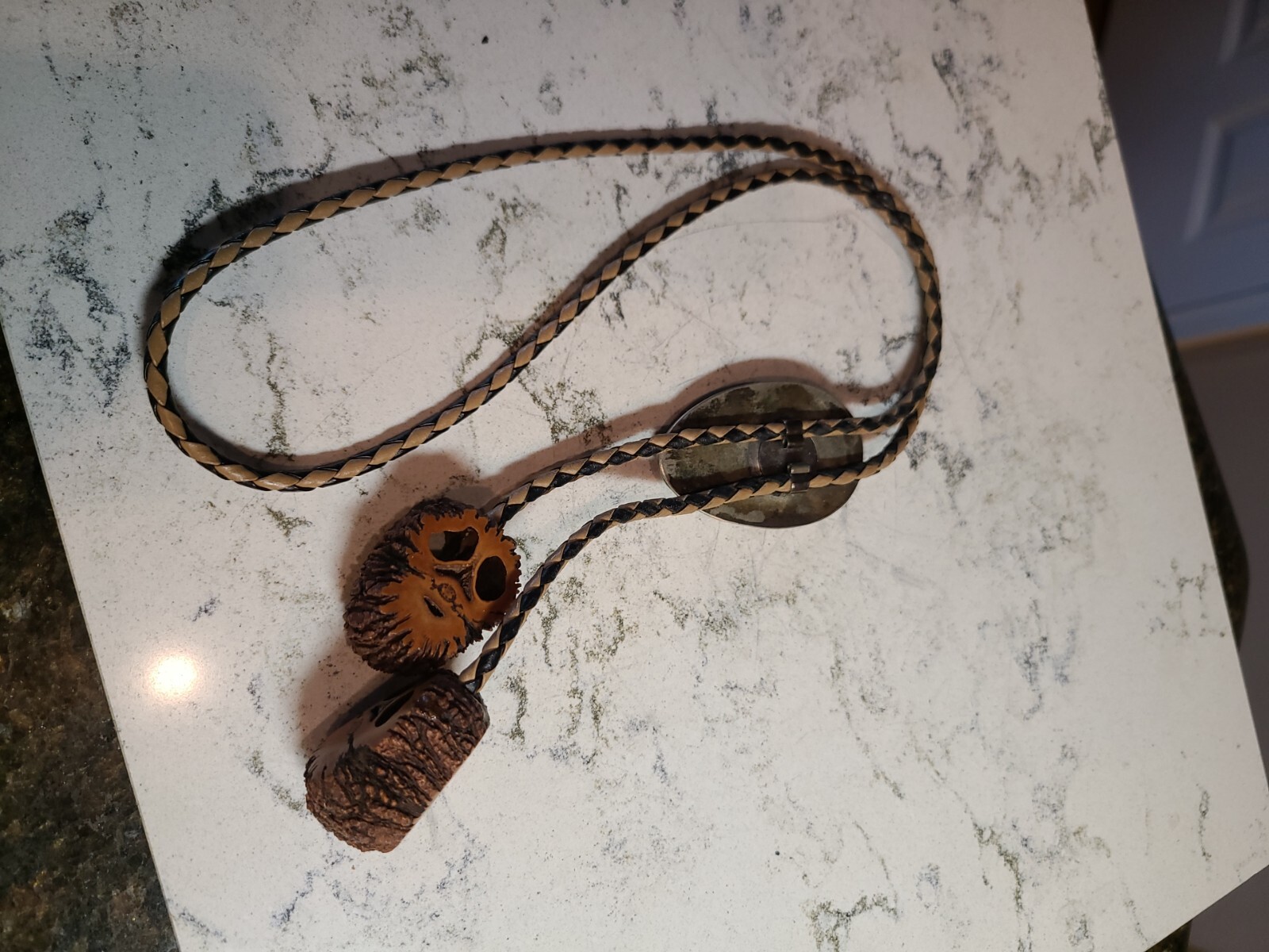 Native American Bolo Tie AMAZING DETAIL Metal and Nut Shell Turquoise Eyes EUC