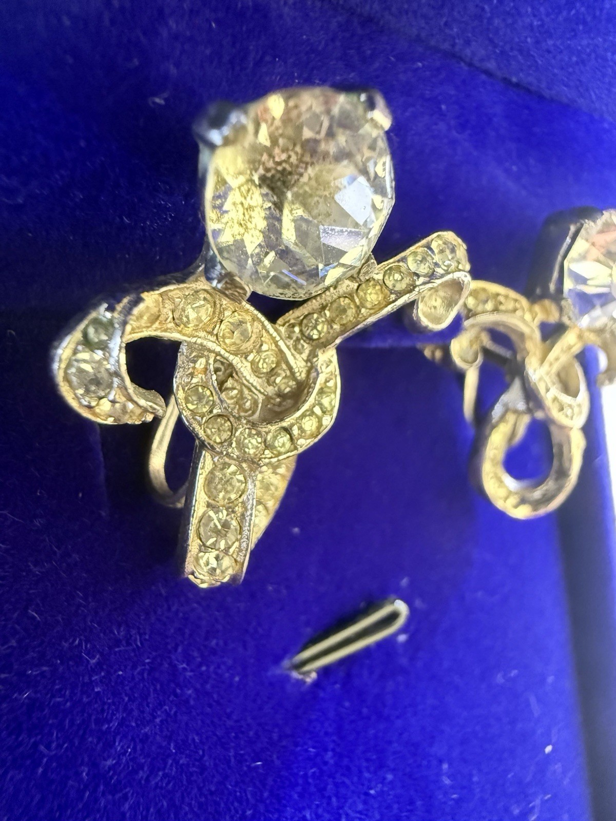 Vintage Sterling Clear Rhinestone Ribbon Earrings with Tension Based Clip On