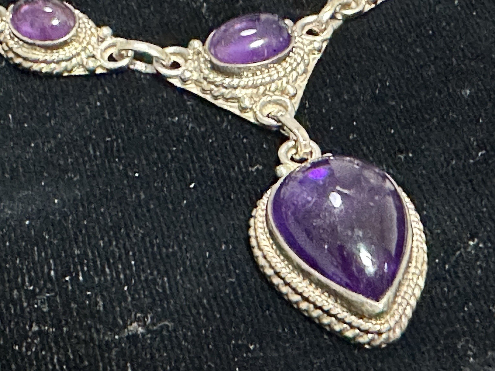 Vintage Sterling Silver Bezel Set Cabachon Amethyst Drop Necklace 16.5”long