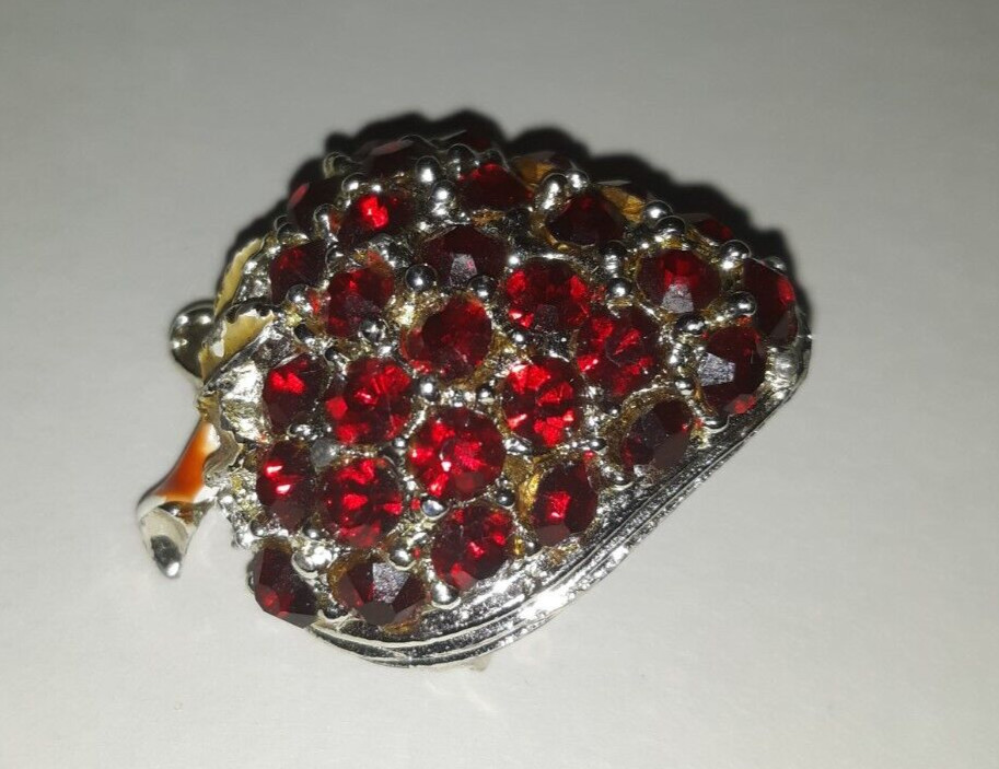 Vintage Red rhinestone strawberry pin VIVID GREEN LEAVES