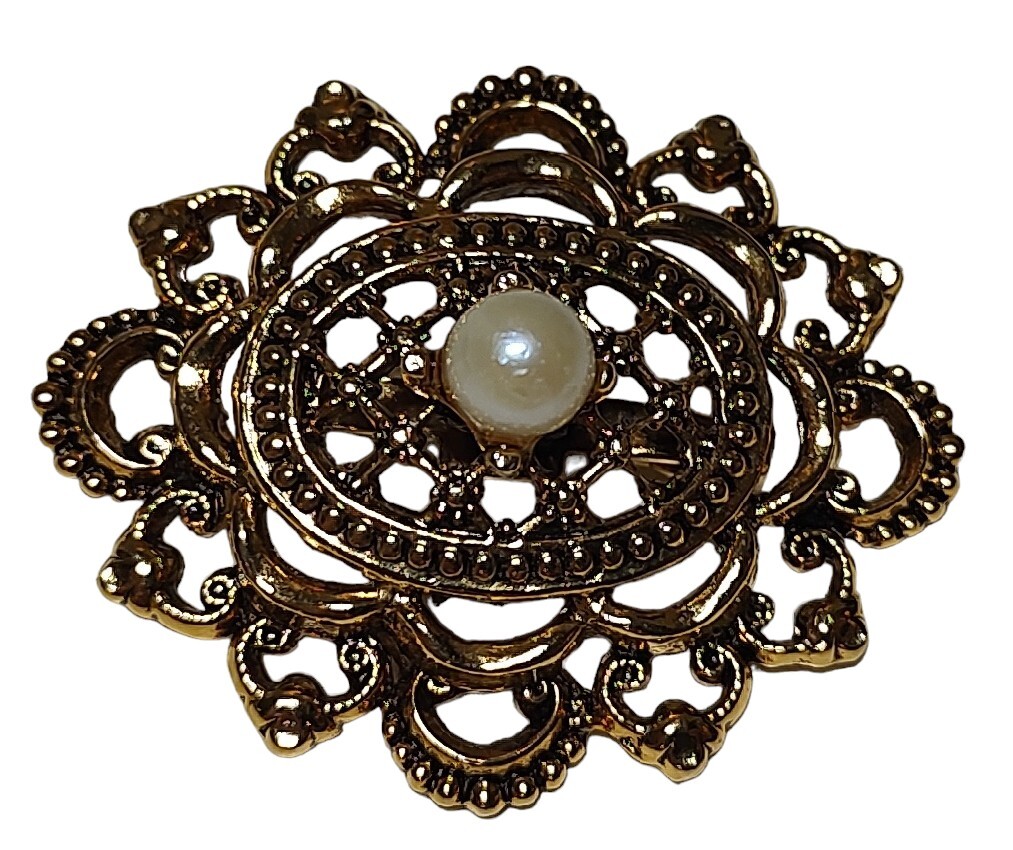 Vintage Tacoa Raised Relief Brooch Pin Faux Pearl Floral Filigree Gold Tone Oval