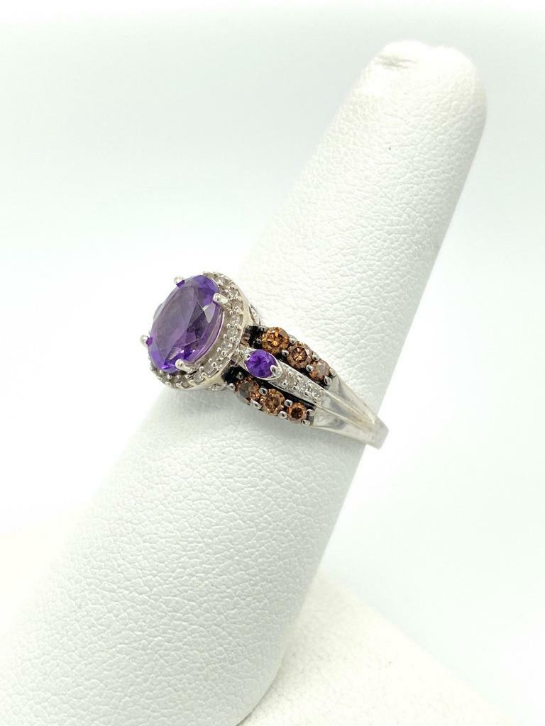 Vintage JW Brine 10k White Gold Amethyst Champagne Diamond Ring Sz 7