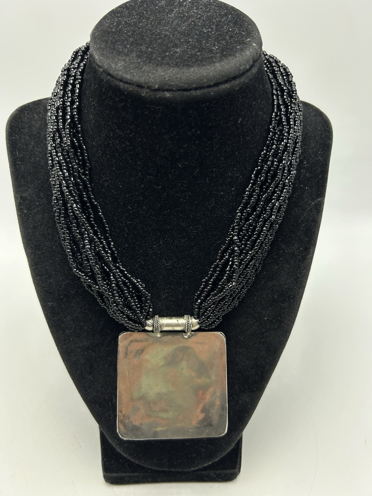 Naja Amber Resin Statement Necklace Multi Strand Black Seed Bead 2″ Pendant Read