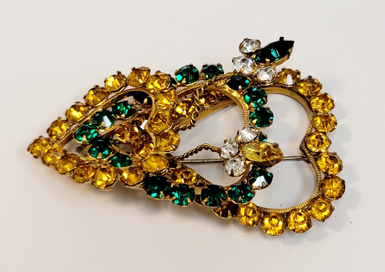 Vintage Original By Robert Fashioncraft 3 Hearts Brooch Green Yellow Rhinestones