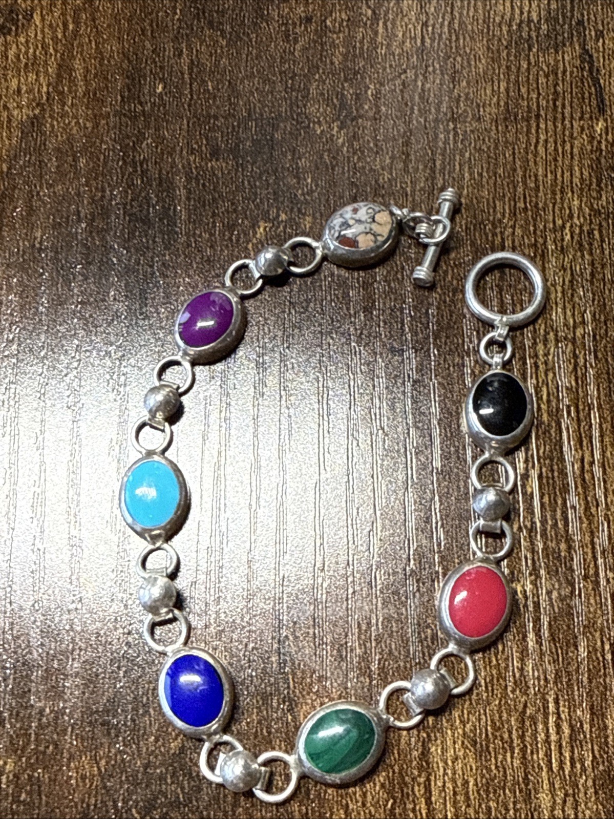 ATI Mexico Bracelet Link Multicolor Multi-Stone Handmade 8.5”Sterling Silver 925