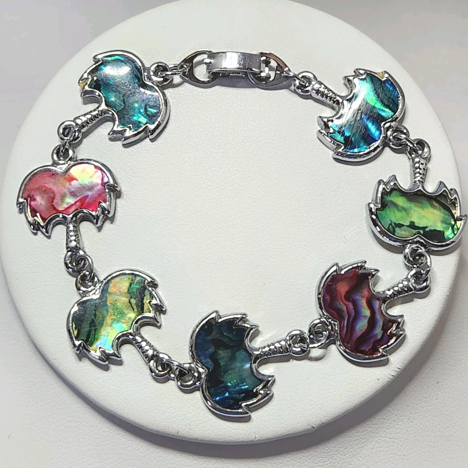 Abalone Paua Shell Bracelet Silvertone Metal Multi-color Beach Ocean Summer 7″