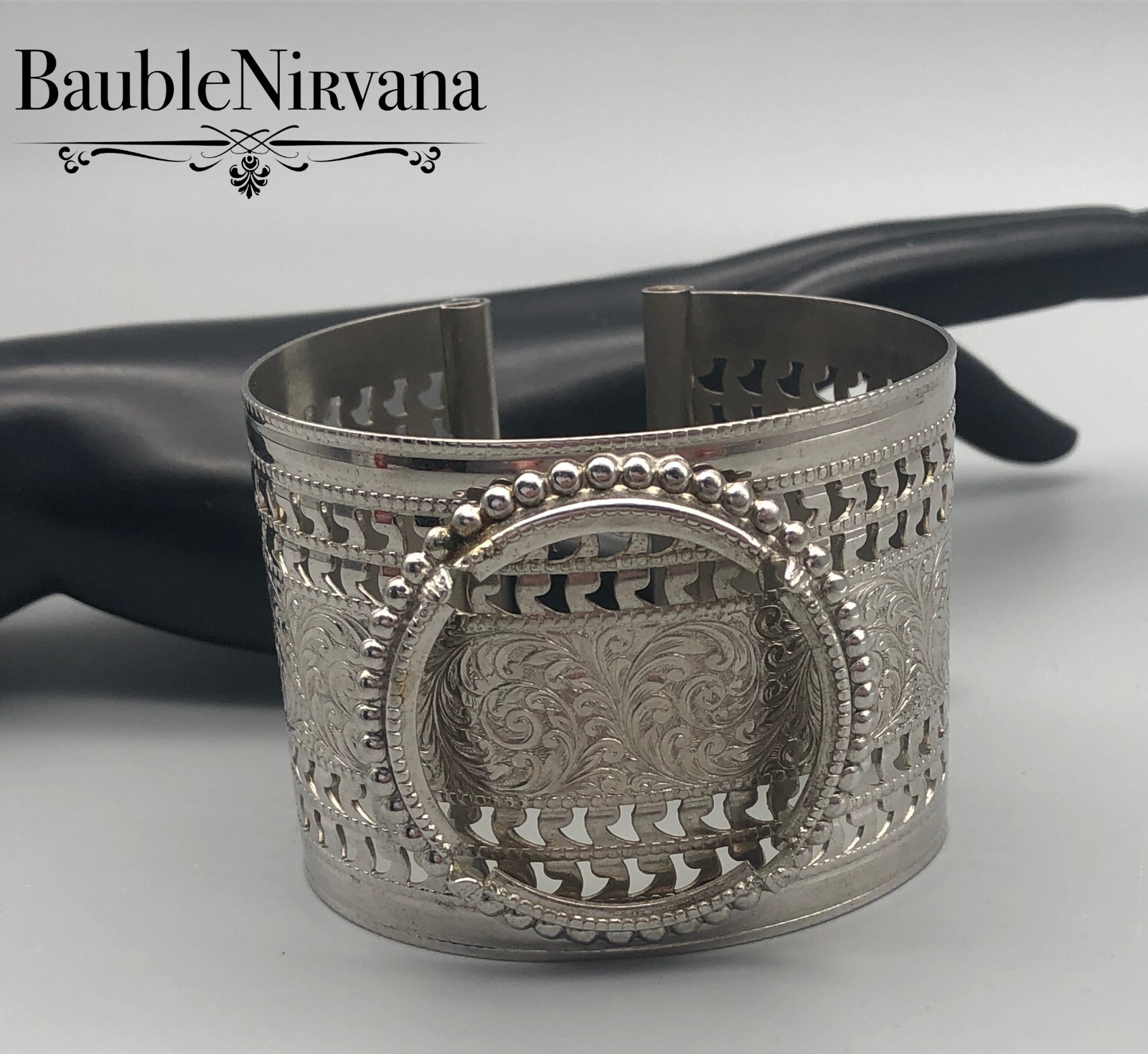 Vintage Silver Metal Extra Wide Pierced&Engraved Cuff Bracelet w/Coin Setting