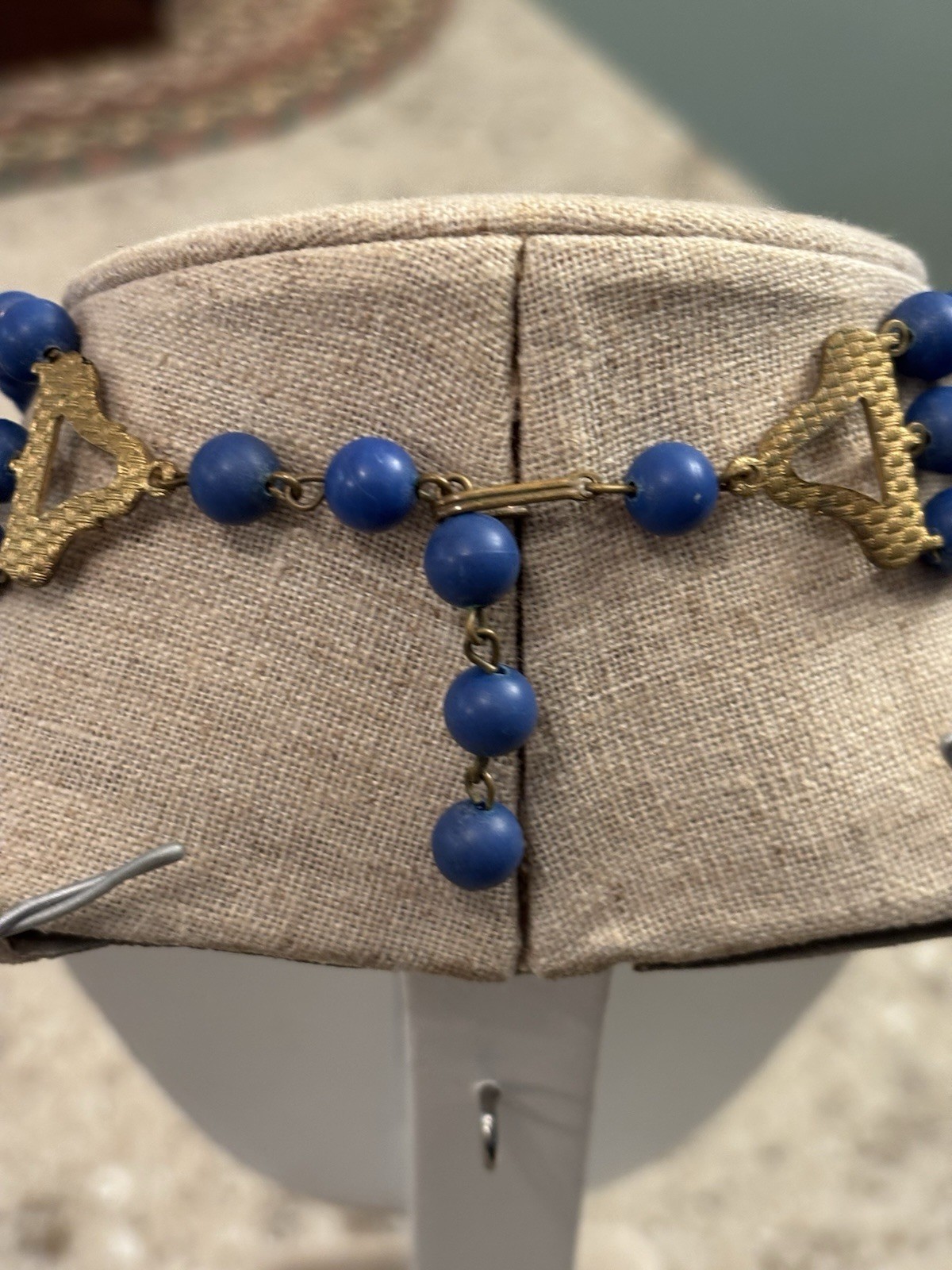 Vintage 50’s-60’s 3 Strand Plastic Blue Beaded Choker Necklace 16 1/2 Inch