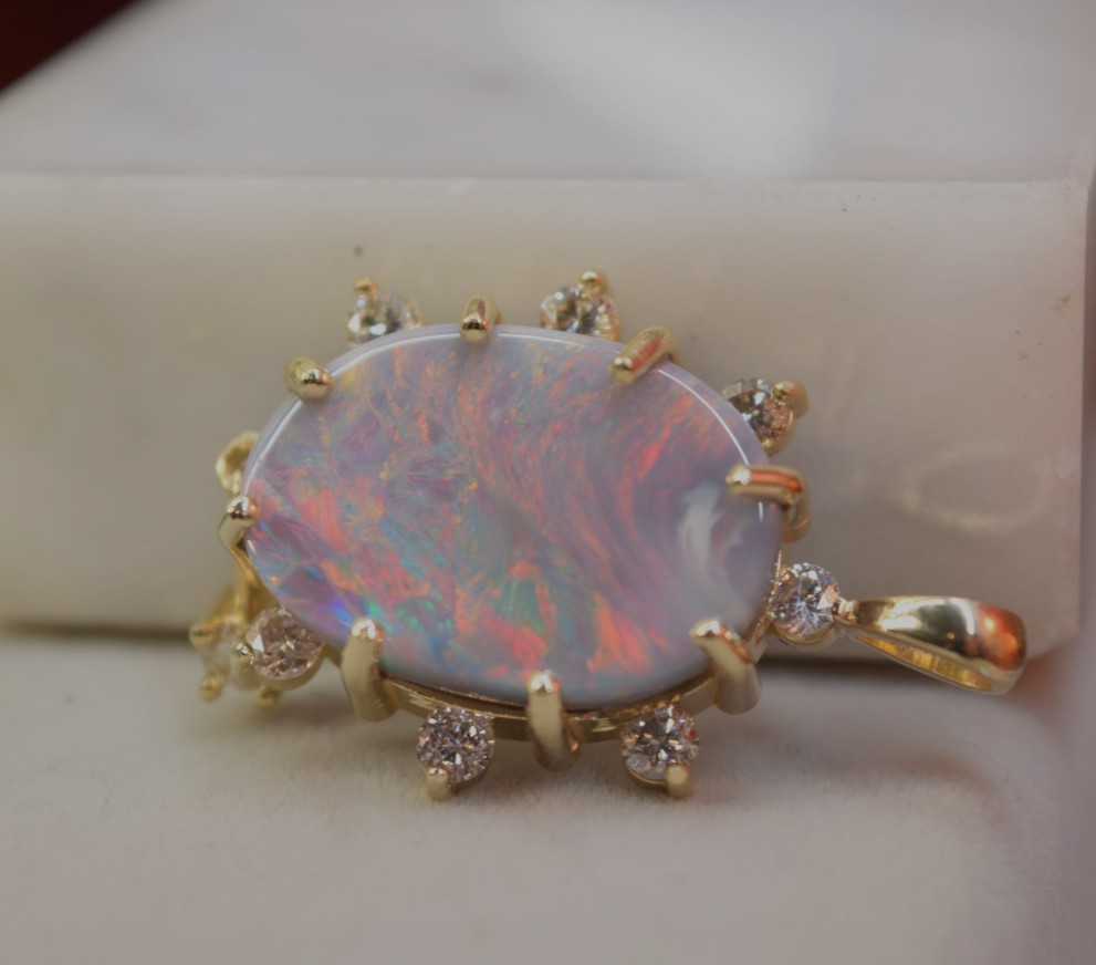 Estate Antique 14K Gold Large 10ct Black Opal Diamond Necklace Pendant