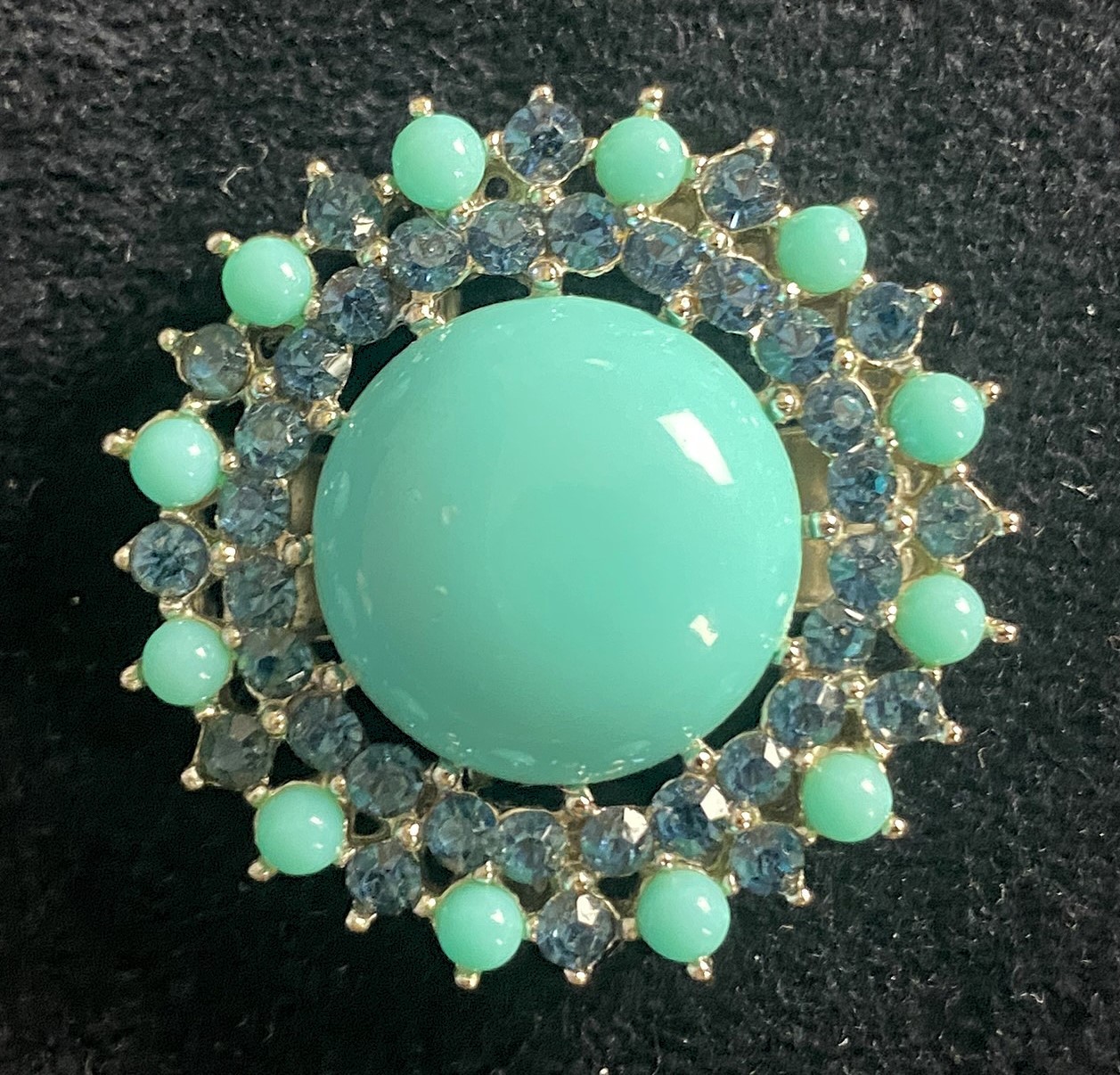 Vintage, Signed, Trifari Costume Jewelry Brooch Faux Turquoise Blue Rhinestones