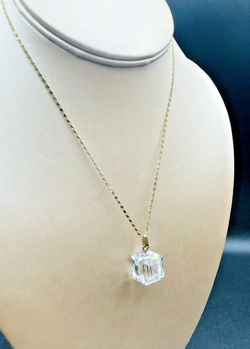 AC Automatic Chain Co 12K GF Square Faceted Crystal Pendant Necklace Vintage