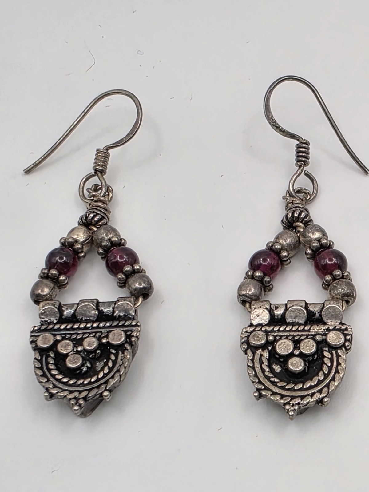Vintage Dangle Boho Silver And Red Beads Pierced Earrings Hooks Marked 925