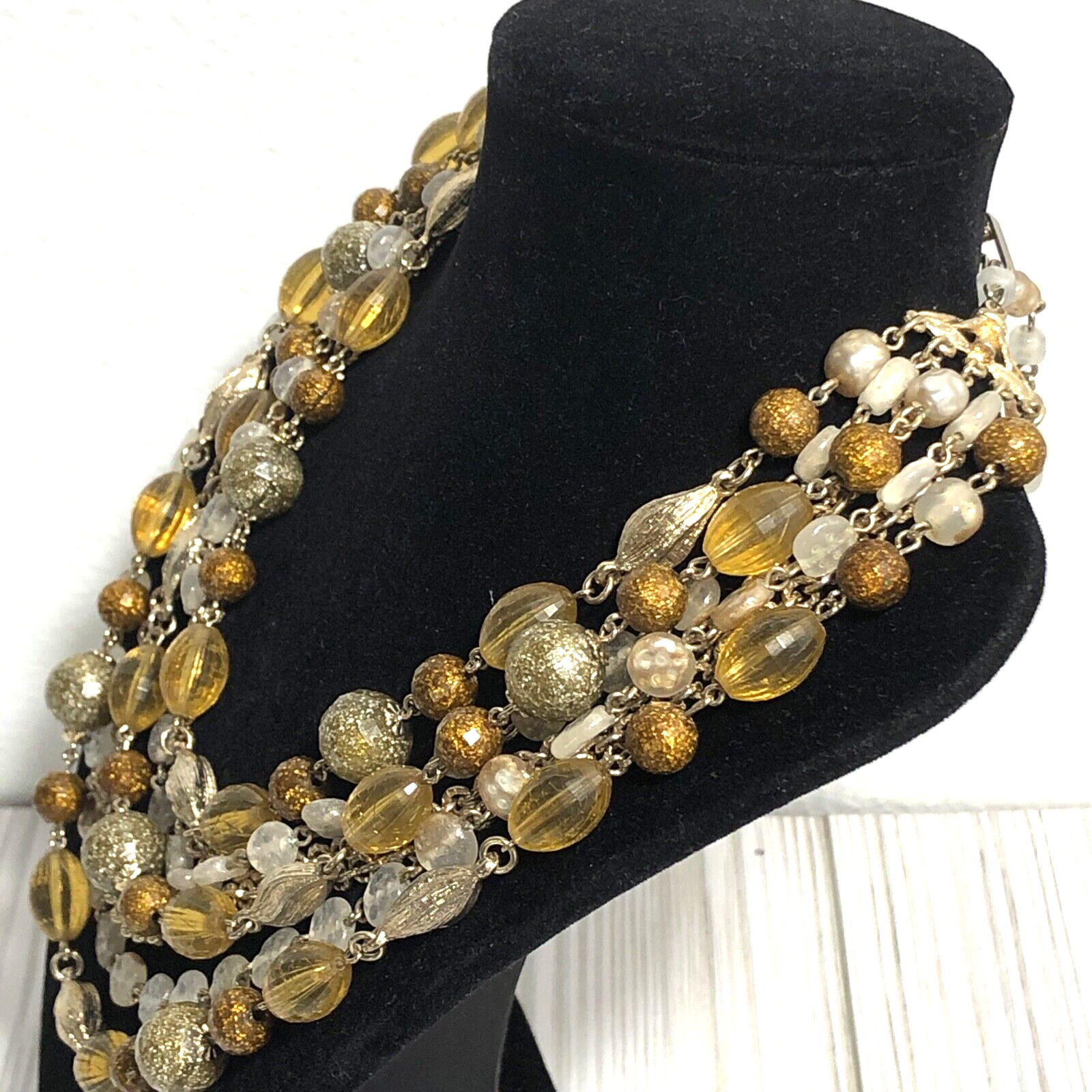 Vintage White Gold Tone Ball Beaded Chain Multistrand Textured Necklace
