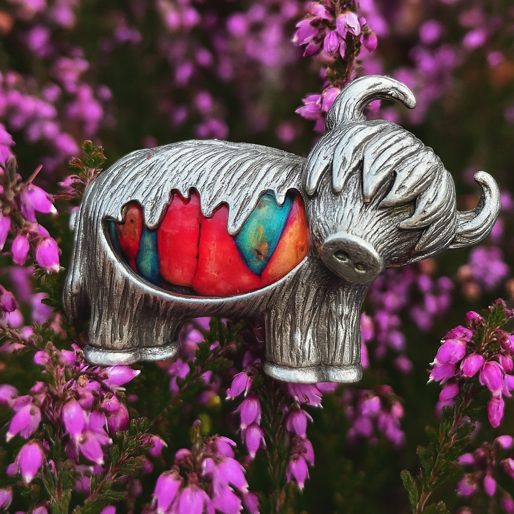 Highland Cow Vibrant Colored Brooch crafted in Scotland from Heather and Pewter