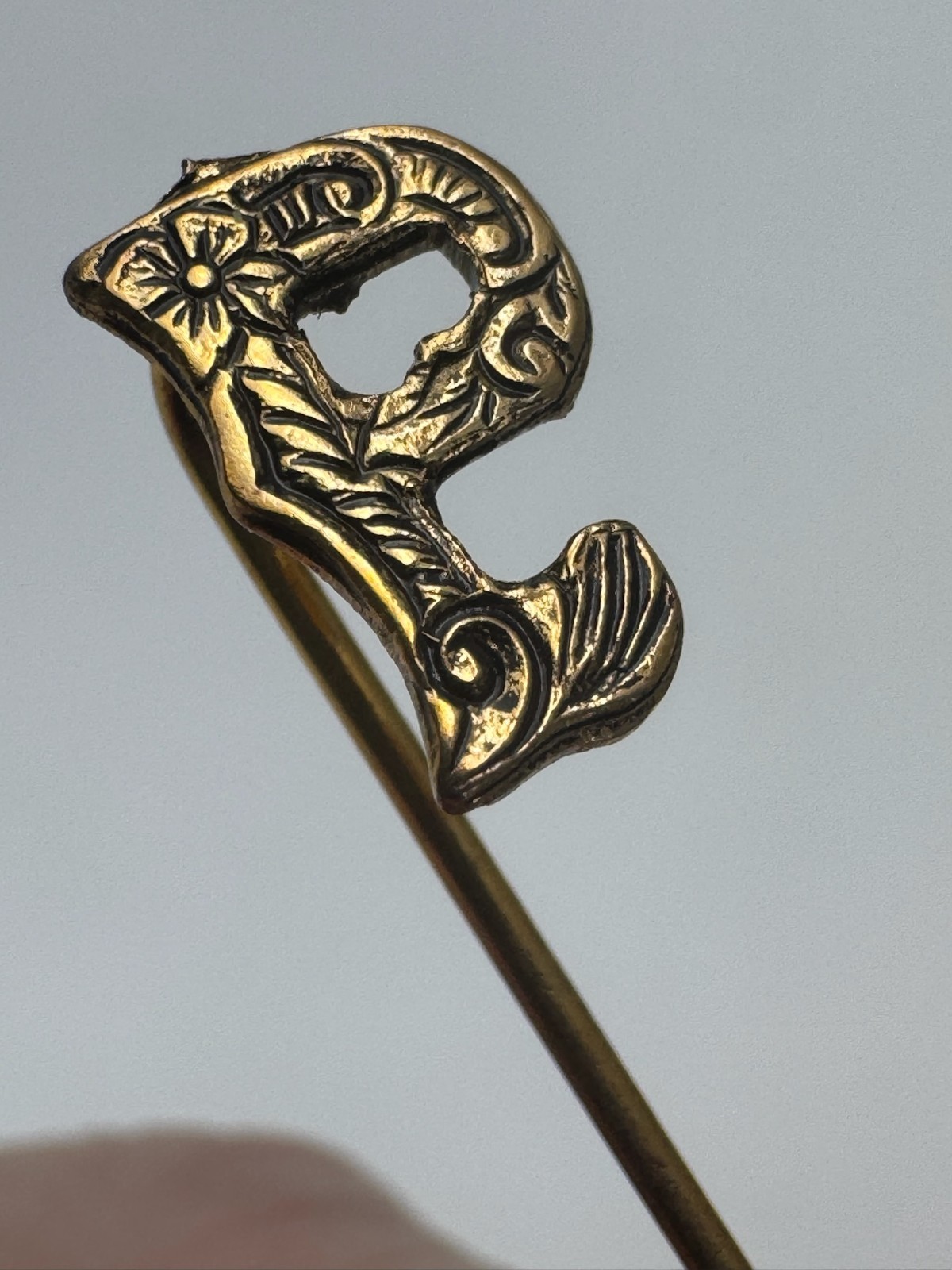 Victorian Letter P Stick Pin Art Nouveau Embossed Floral Initial Vintage