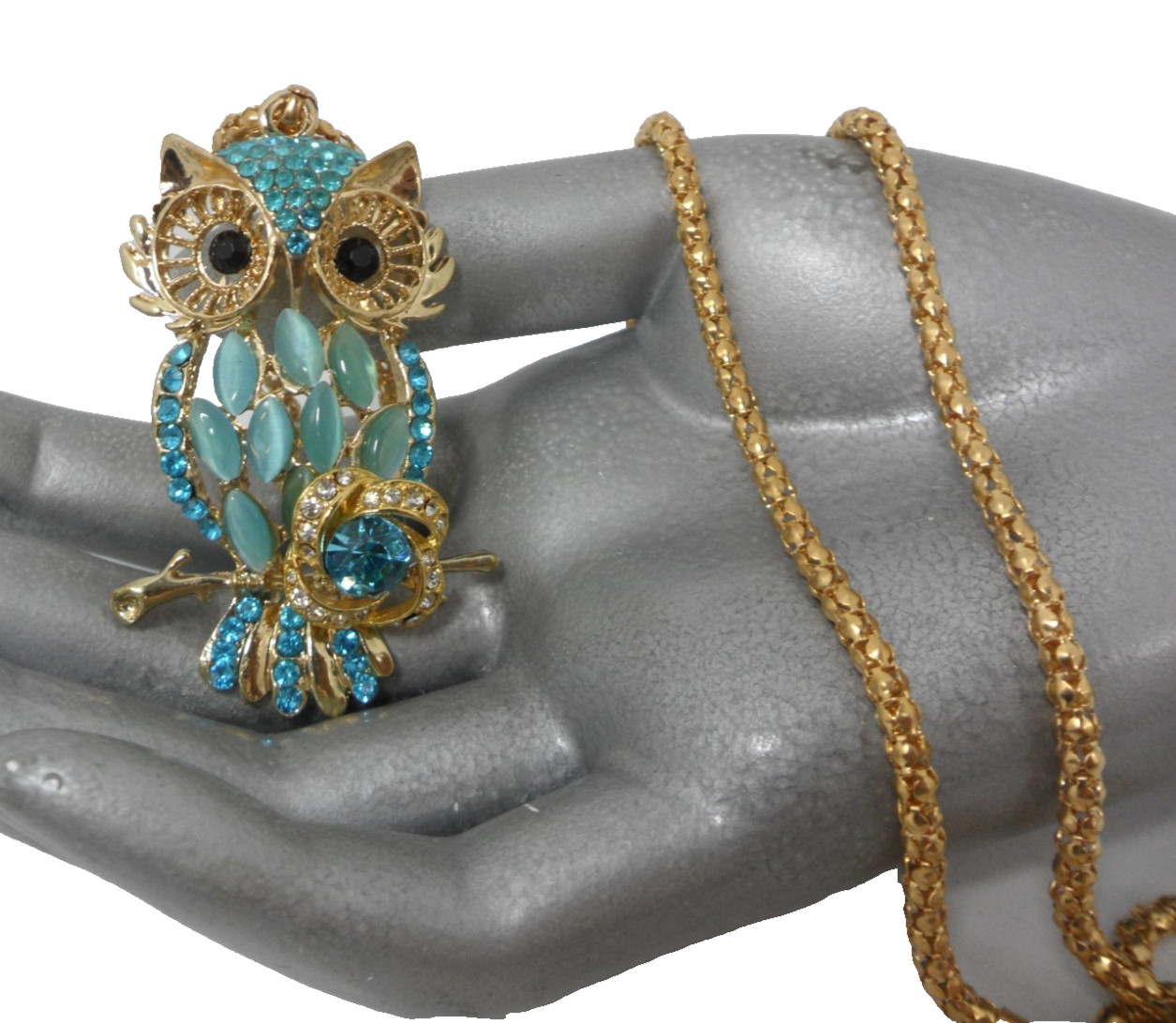 Blue Rhinestone Owl Pendant Necklace 26″ Long Popcorn Chain Granny Core Vtg