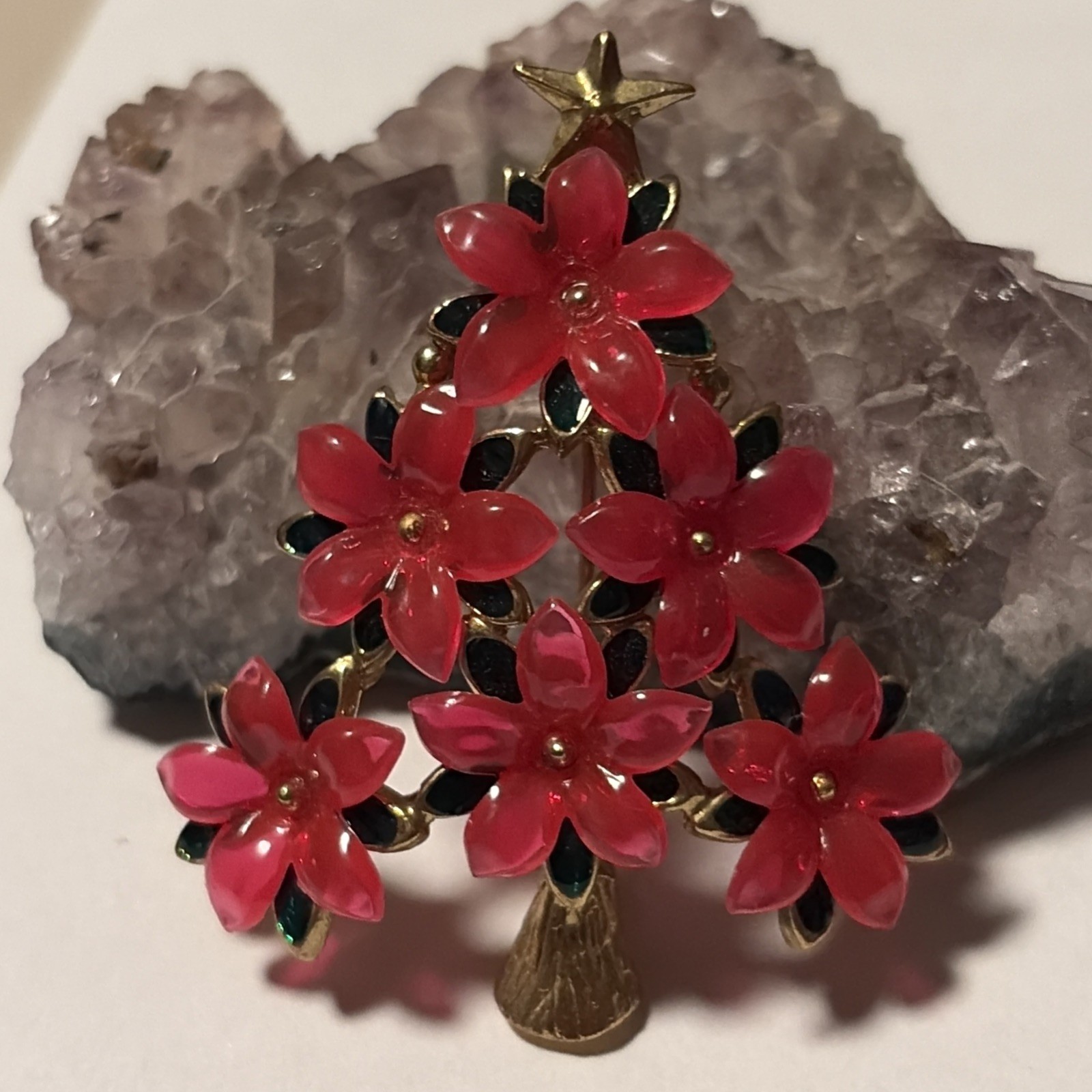 Vintage Unique Signed Lia Poinsettia Christmas Tree-pinkish Red 🌺 Flowers