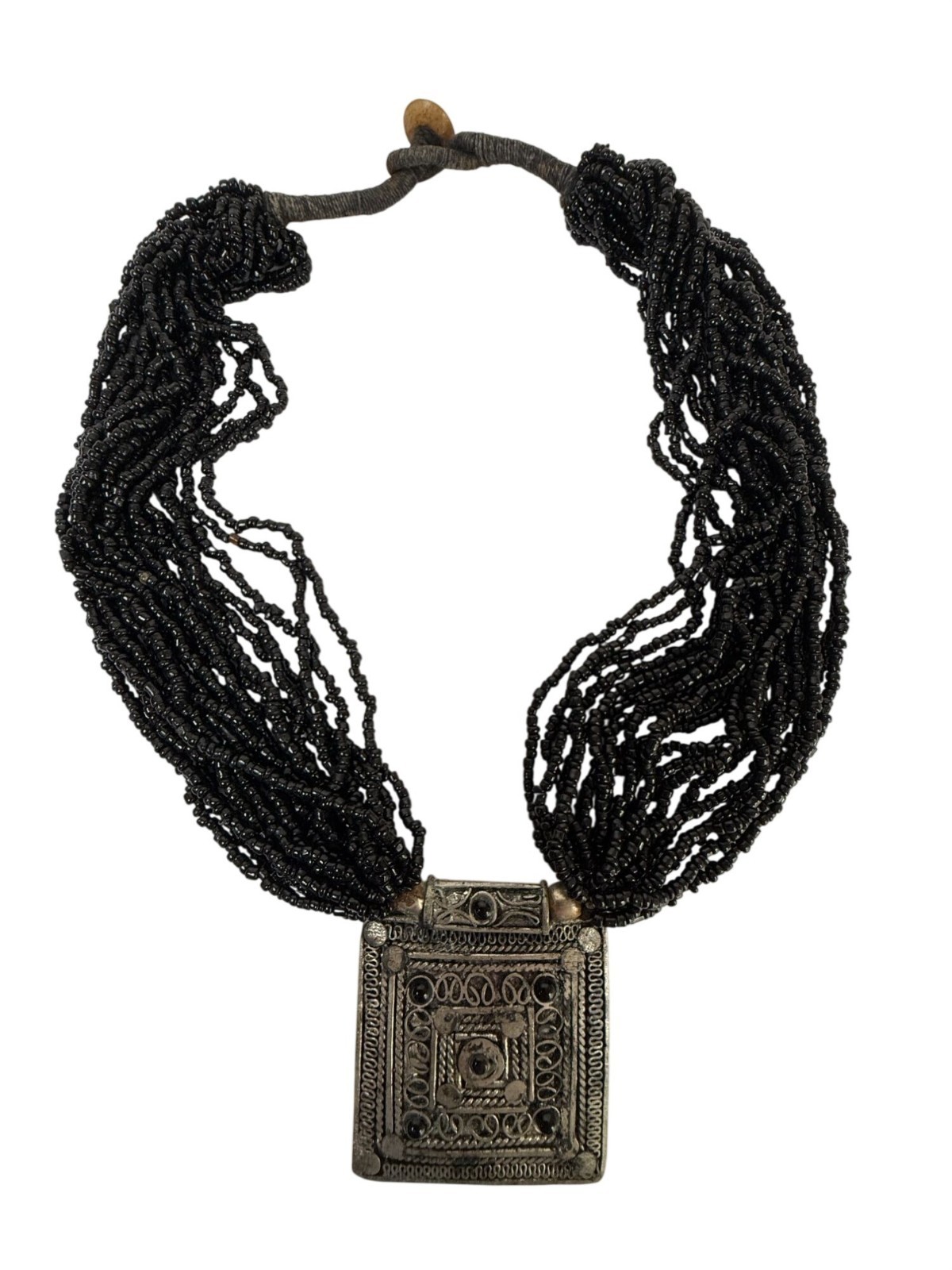 Vintage Multistrand Black Beaded Necklace With Ornate Square Silver-Tone Pendant