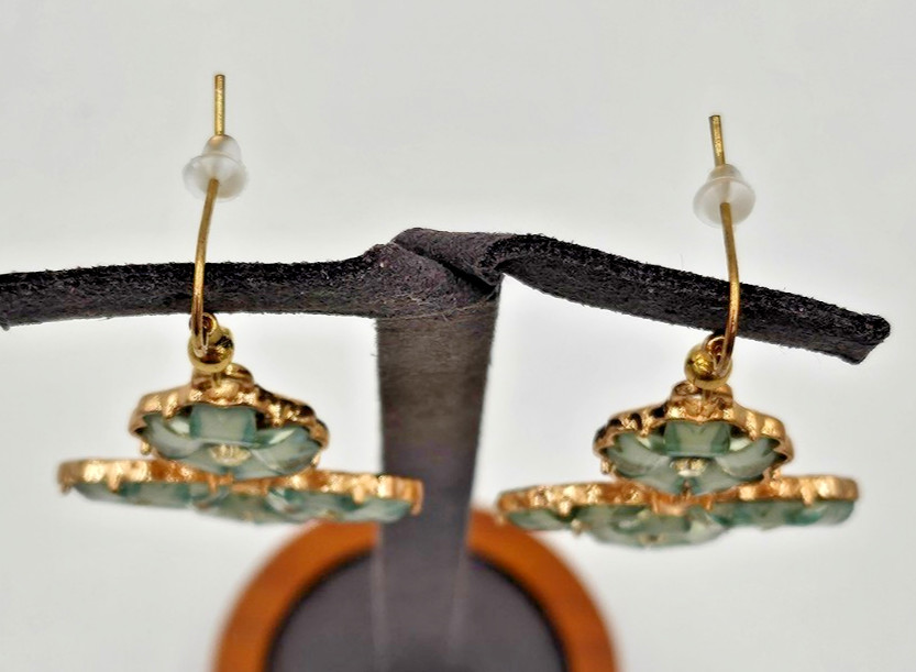 Vintage Gold Tone Blue Green Flower Dangle Earrings Rhinestone Pierced