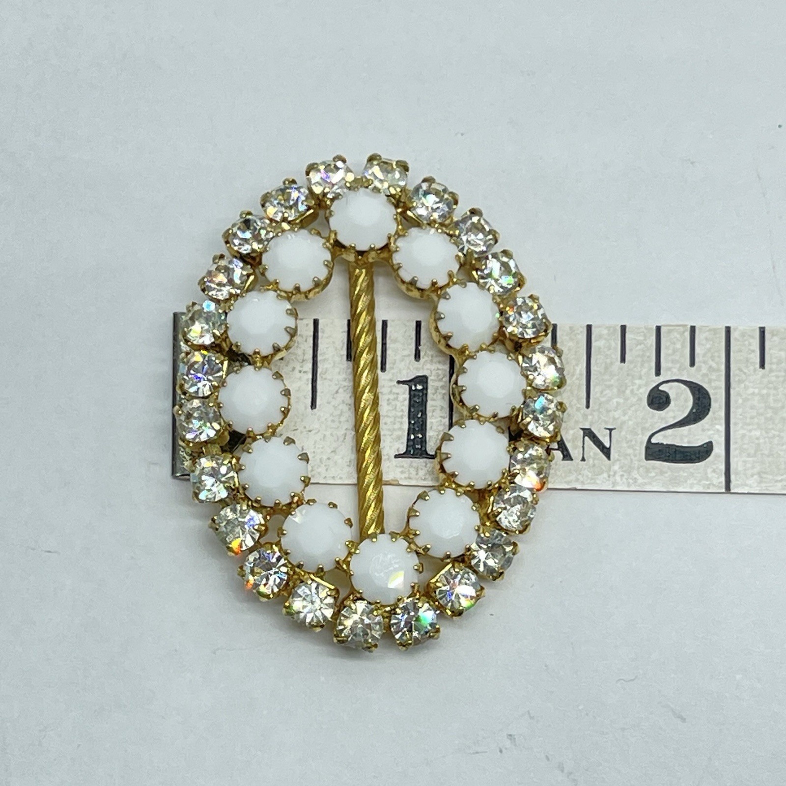 Vintage Gold Tone Oval Scarf Slide Rhinestones And Faceted Milk Stones