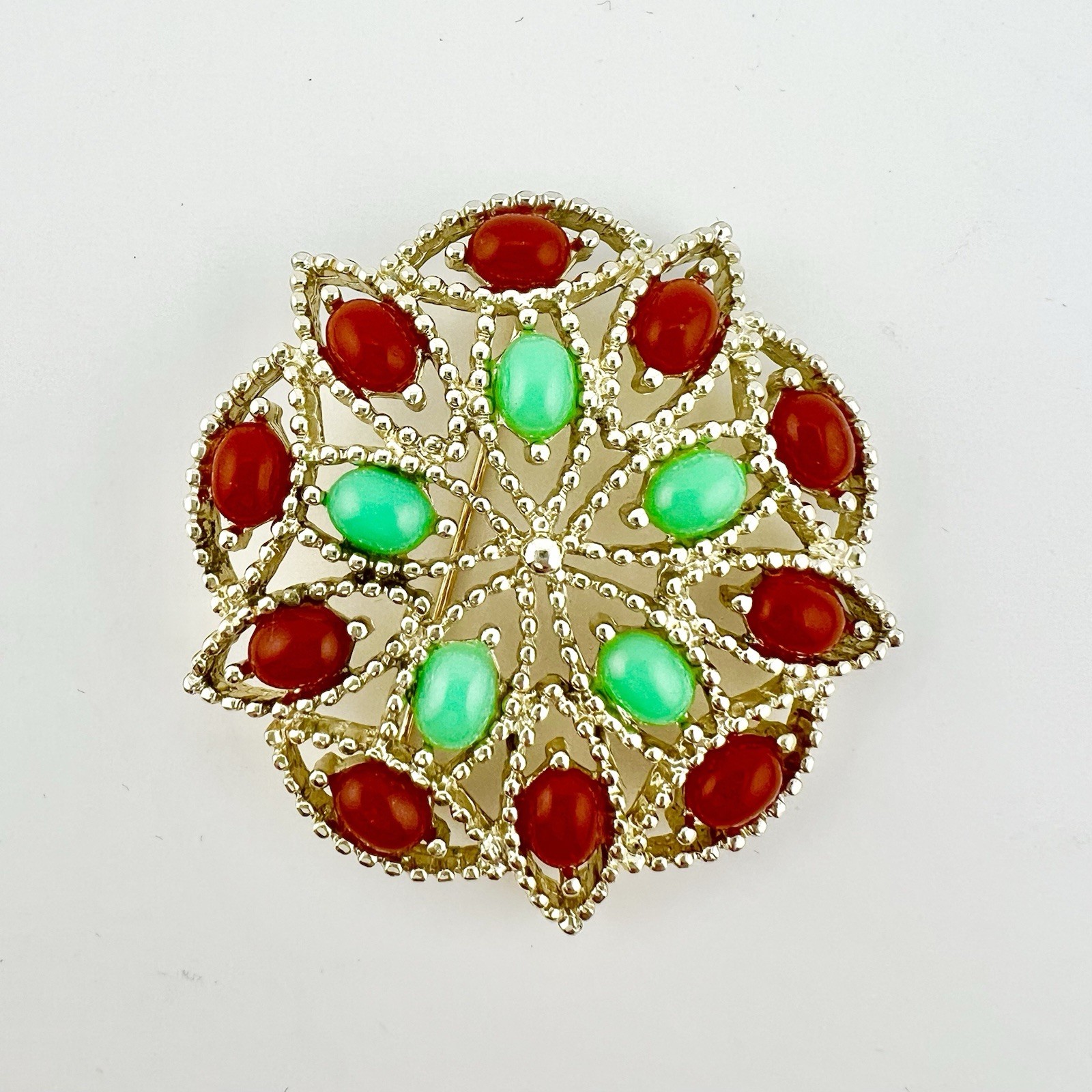 Vintage Sarah Coventry MCM Bracelet Brooch Set Gold Tone Green Red Signed