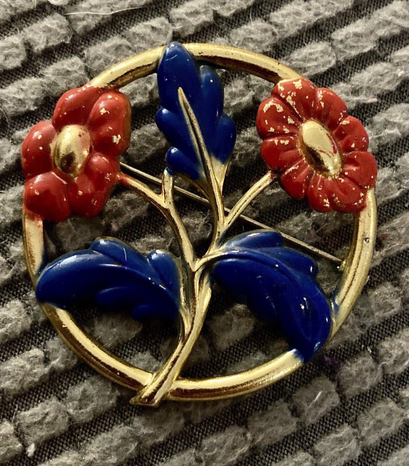 Vintage Large Red Enamel Poppy Flowers Pin Brooch Antique Brass Old Clasp 2”diam