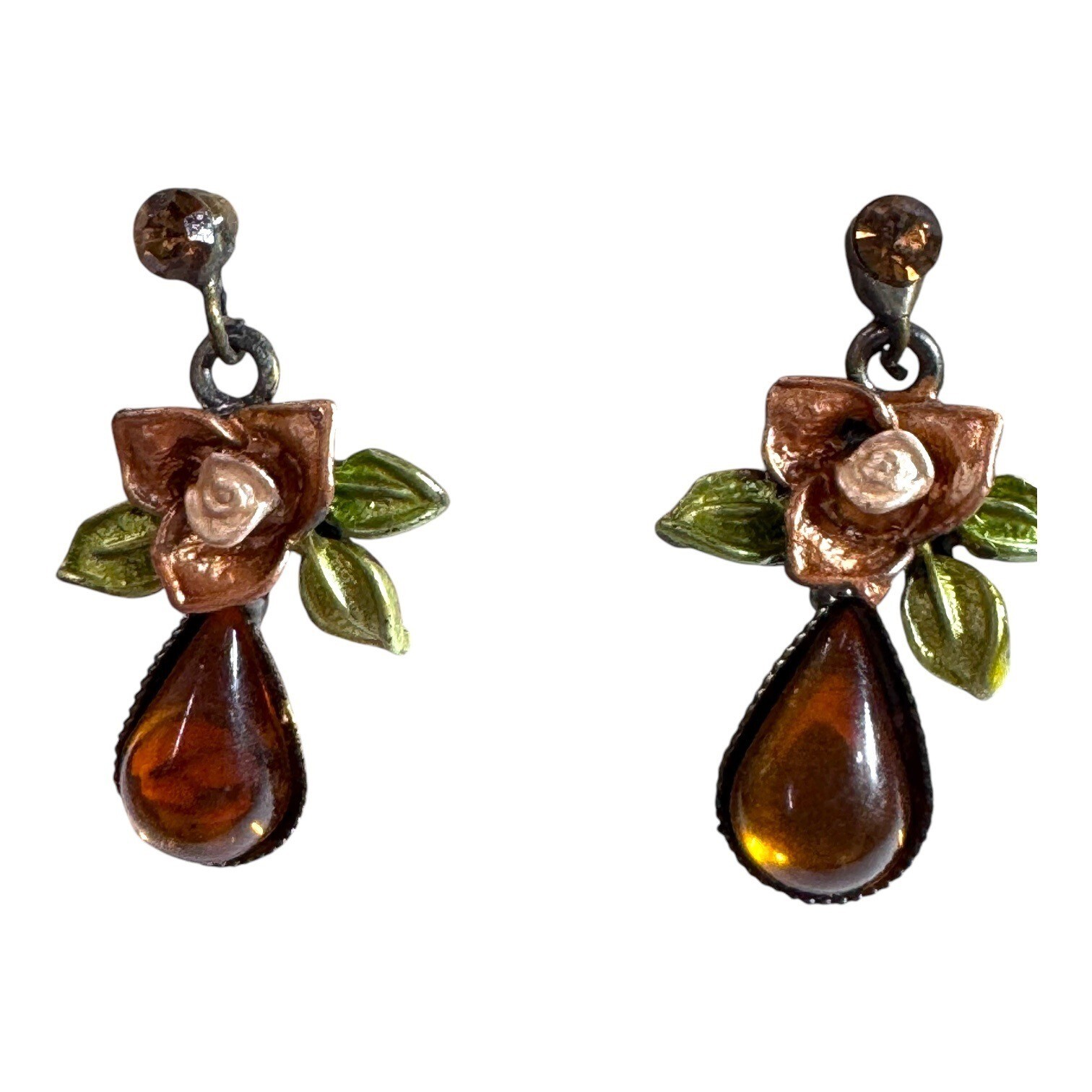 Vtg Floral Enamel Drop Earrings Amber Teardrop Rose Antique Bronze Finish READ