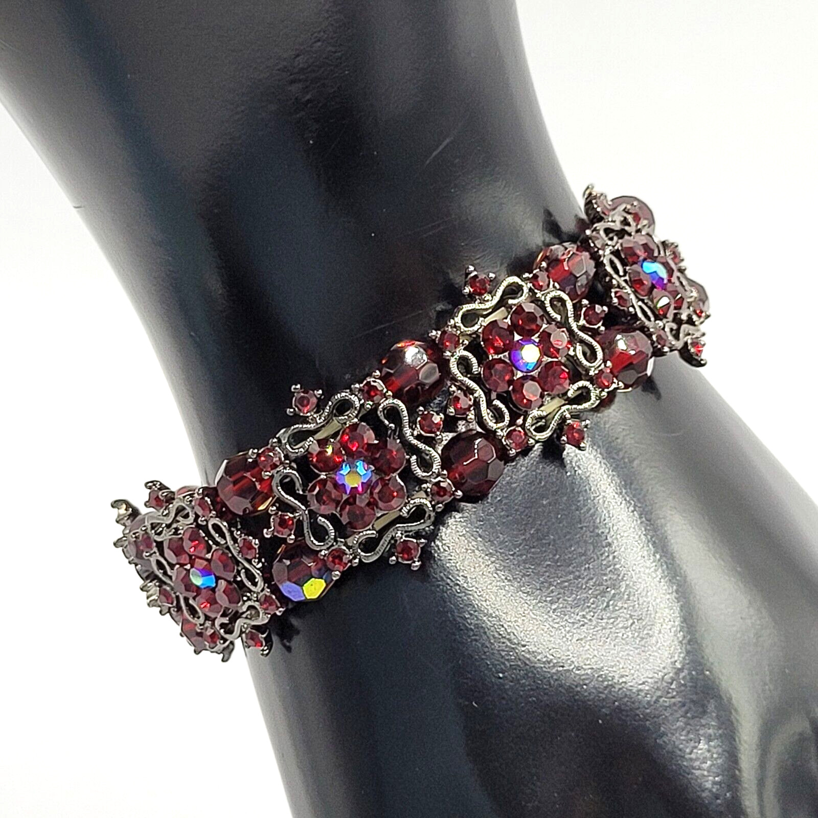 Red AB Crystal Sparkle Flower Floral Metal Ornate Fancy Event Stretch Bracelet