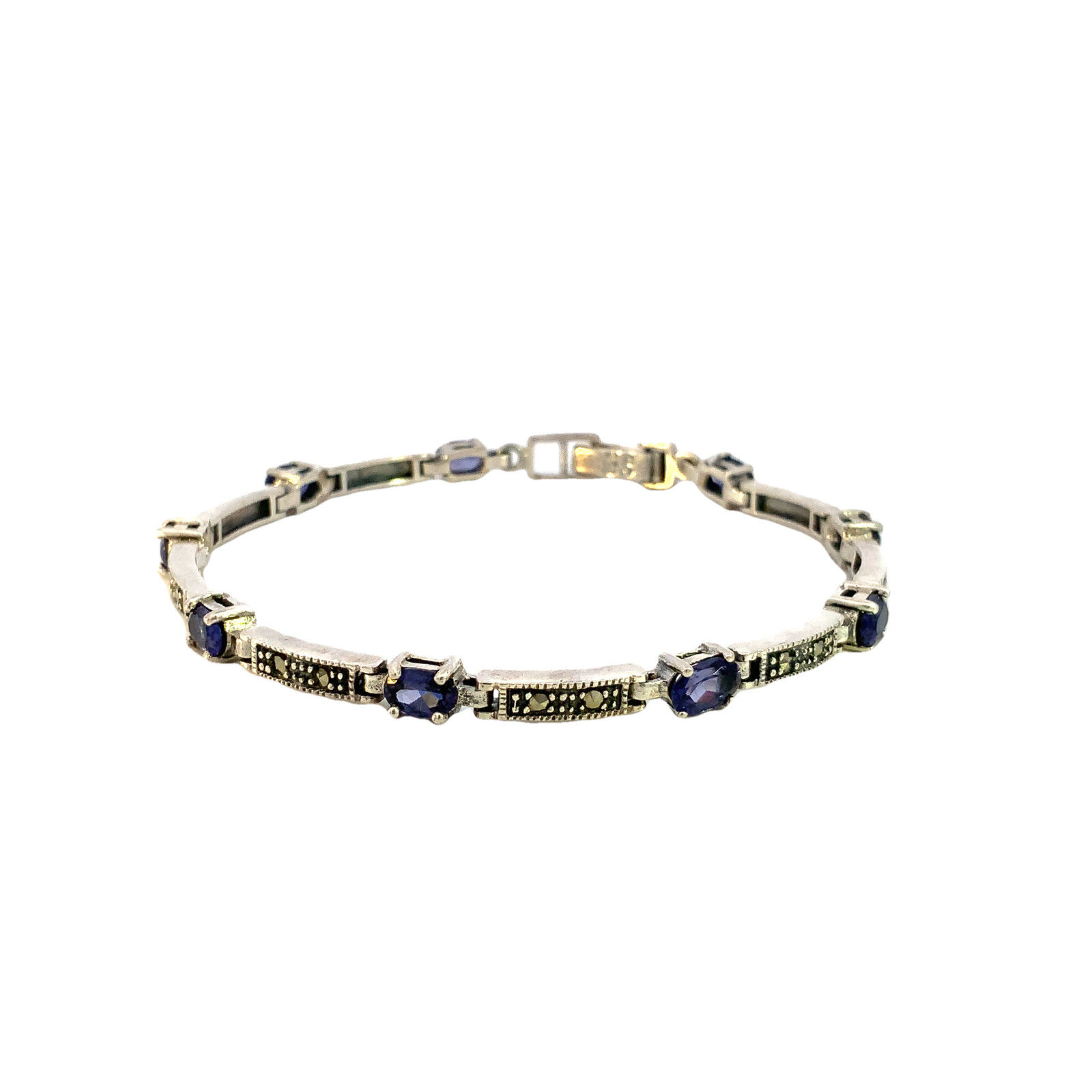 Vintage Sterling 925 CW Charles Winston Amethyst & Marcasite Panel Link Bracelet