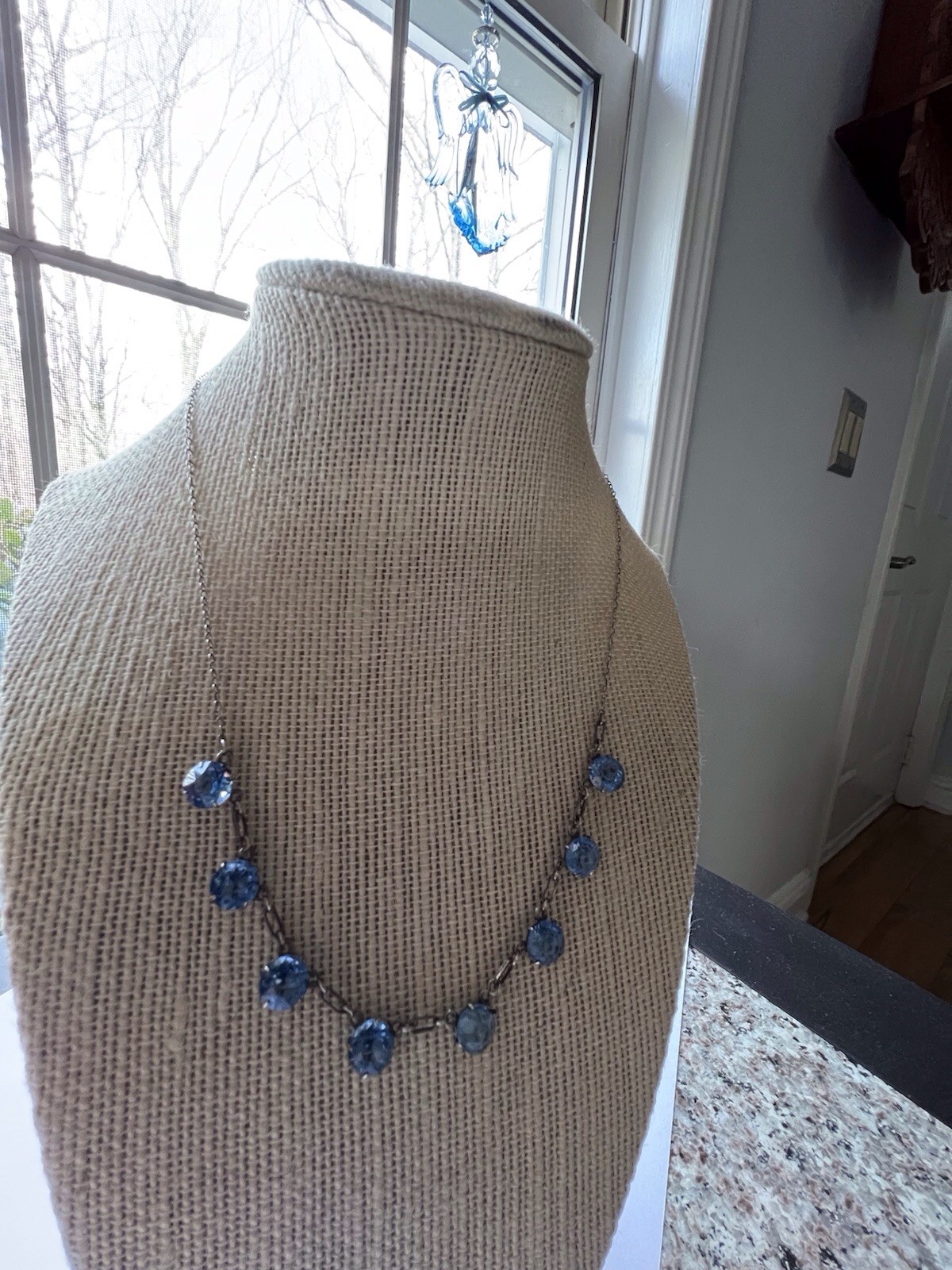 Antique Art Deco Sterling Silver Bezel Set Blue Crystal Necklace 17 Inches