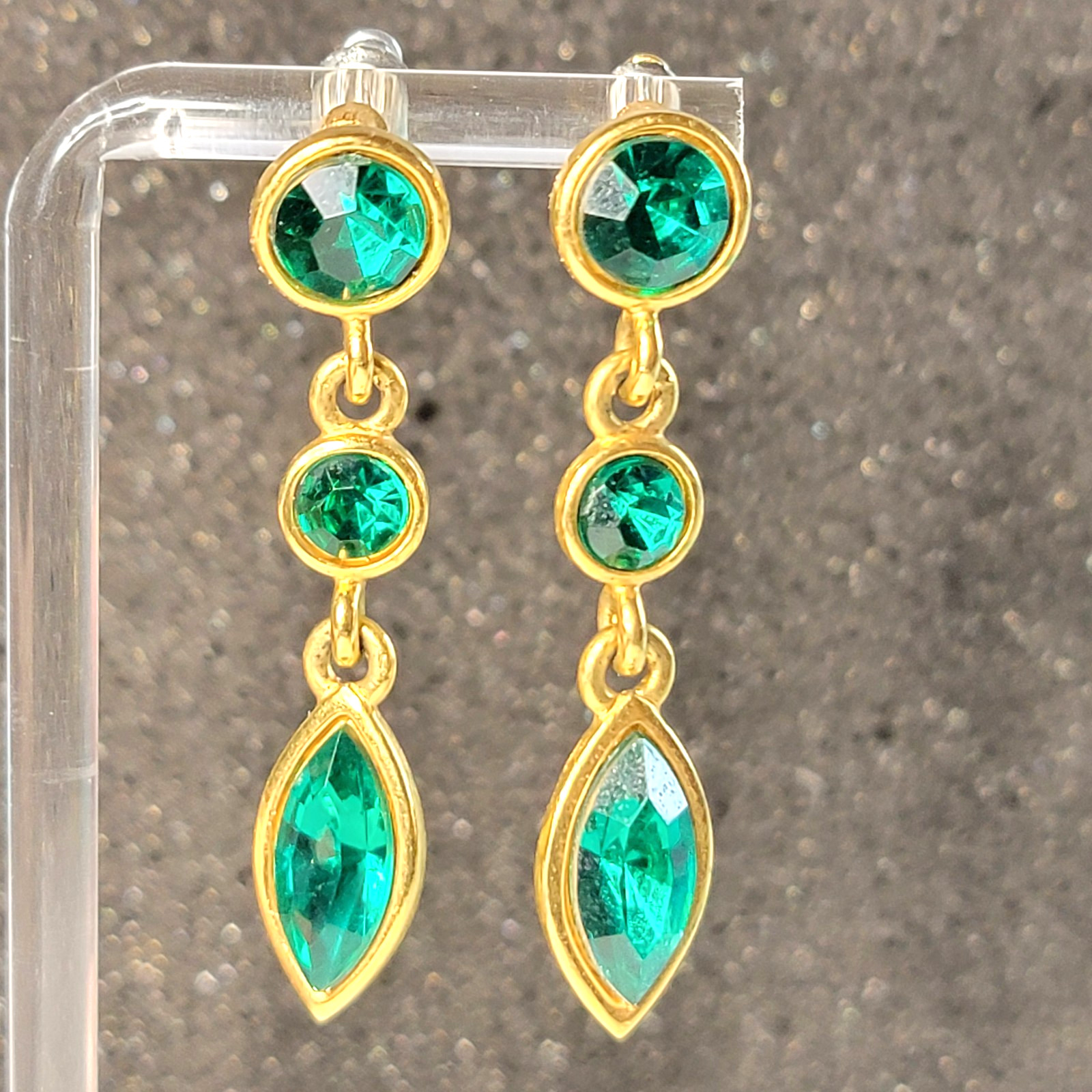 Vintage Napier Dark Green Faux Emerald Earrings 2″L Gold-tone, signed