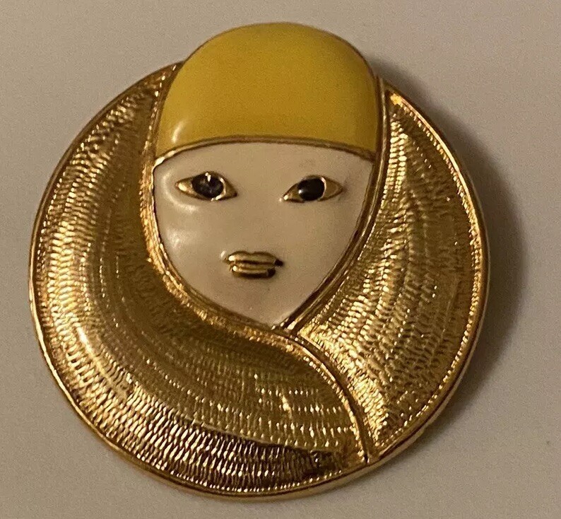 Vtg Signed Orena PARIS Retro Enameled Art Deco French Woman Gold Tone Brooch Pin