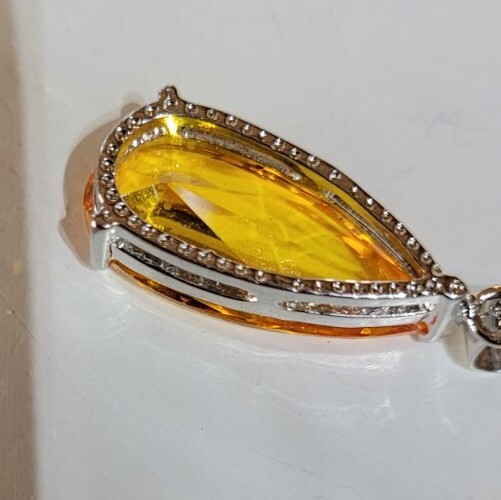 35mm Faceted Silver Lab Created Cubic Zirconia Citrine Colour Silvertone Pendant