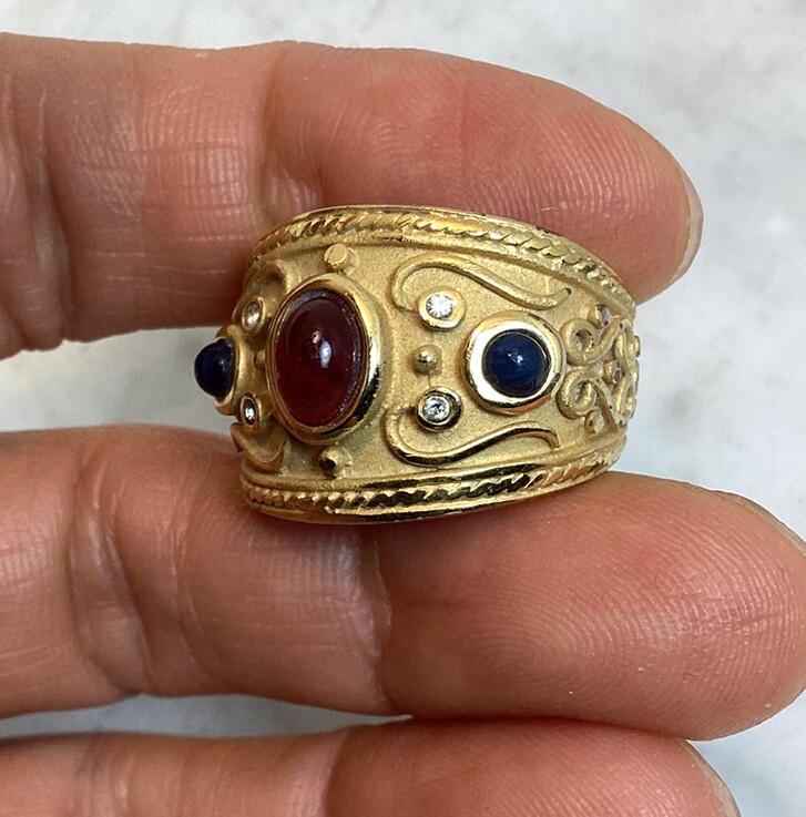 Vintage Gold Plated Byzantine Greek Faux Ruby Sapphire Peridot Ring Size 7