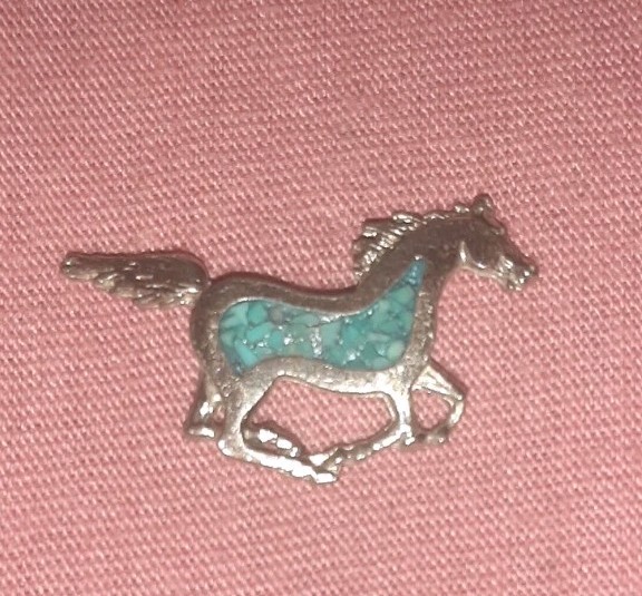 Beautiful Silver Tone and Turquoise Running Galloping Horse Stallion Lapel Pin