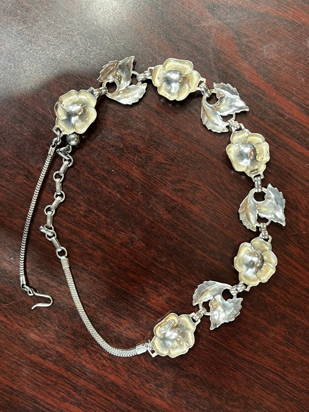 Vtg. Danecraft Sterling Silver Rose & Leaves Necklace 15″-17″ 35.2 Grams