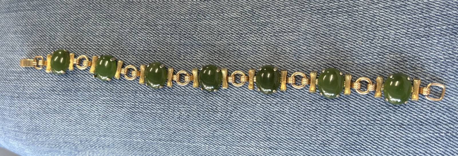Vintage Gold tone Krementz Jade Bamboo Style Bracelet Signed 7.25”