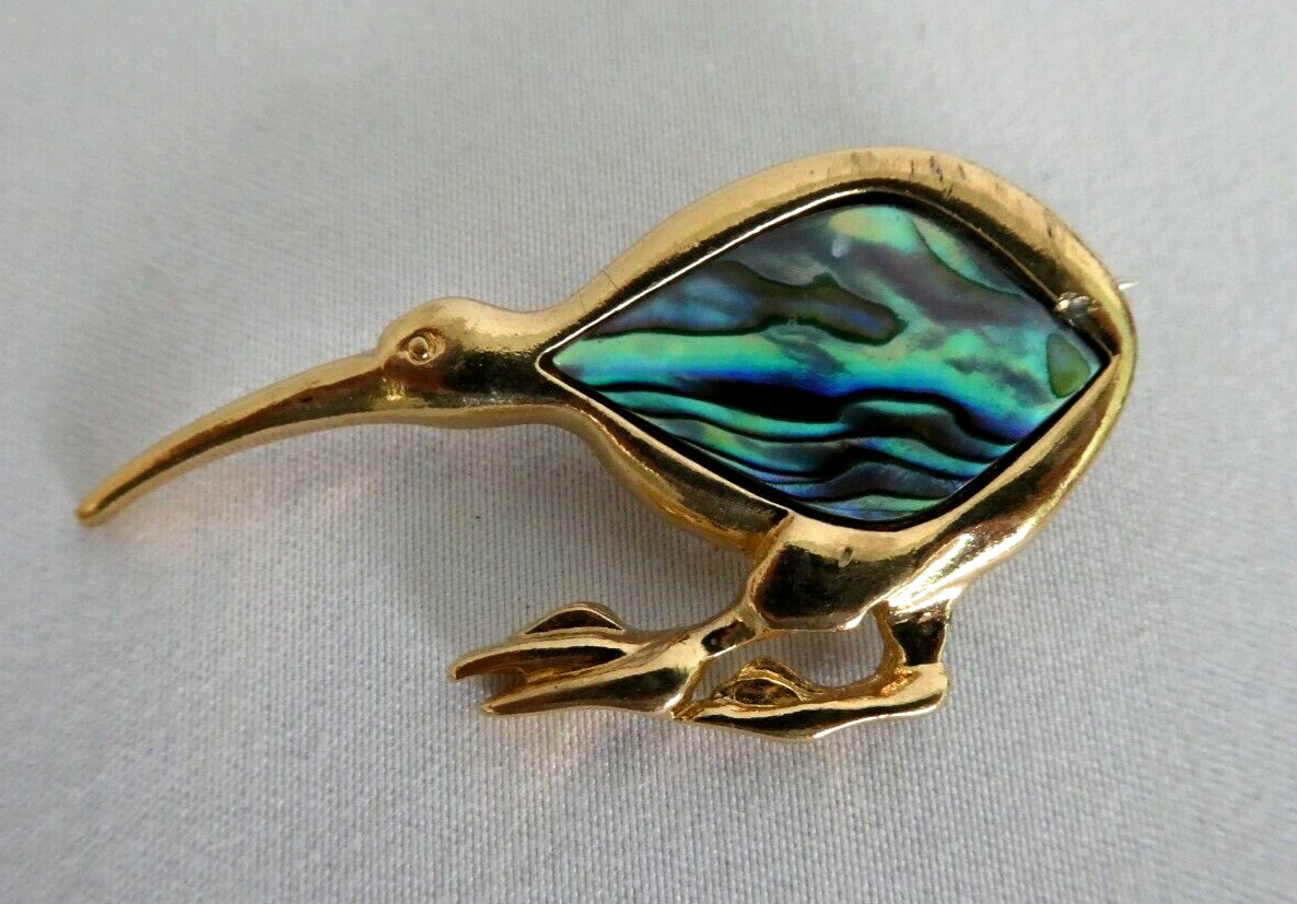 Ariki Paua Abalone Shell Kiwi BIrd Pin Brooch Gold Plated from New Zealand